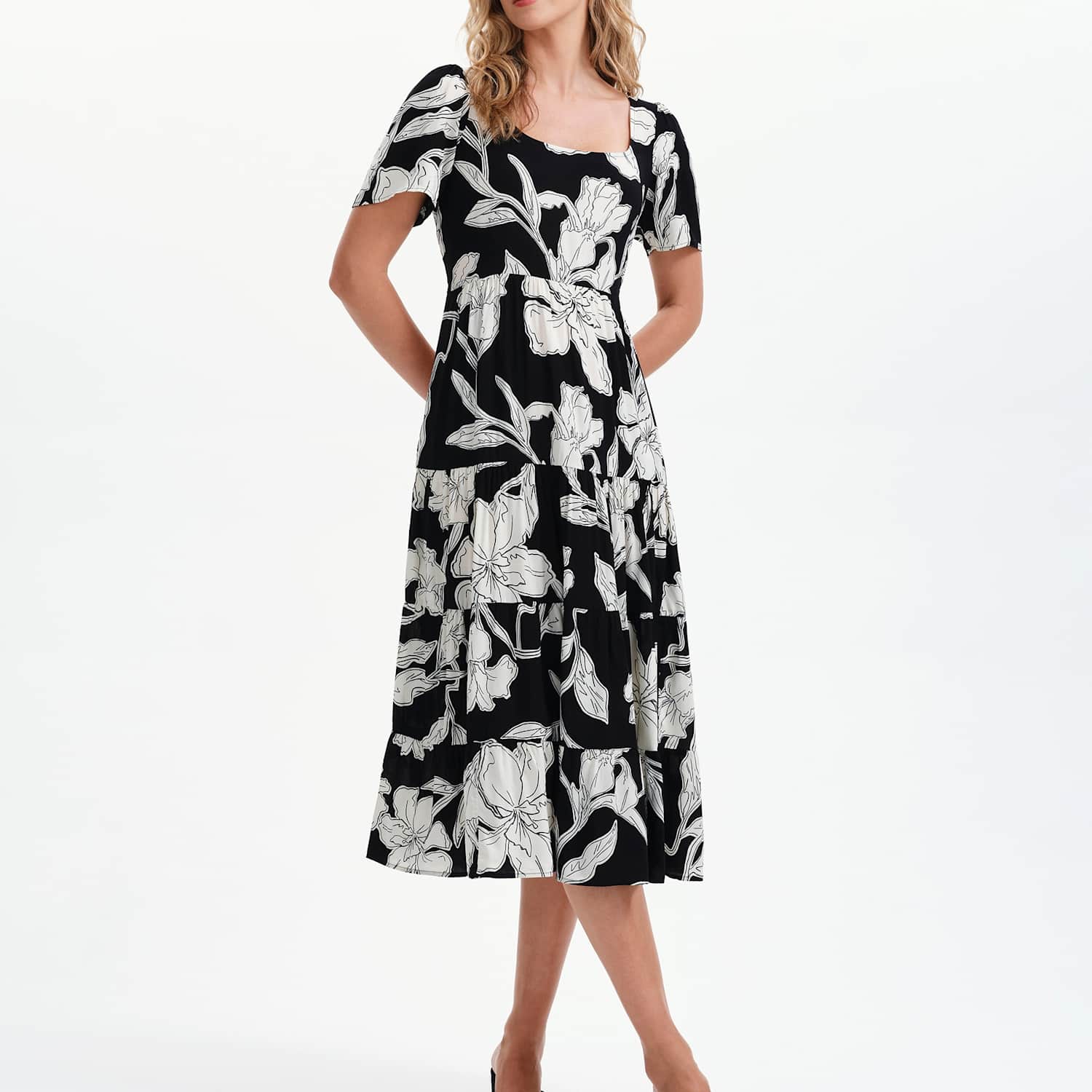 Finery London Women's Floral Square Neck Midi Tiered Dress - 14 - Black Mix - Available at M&S