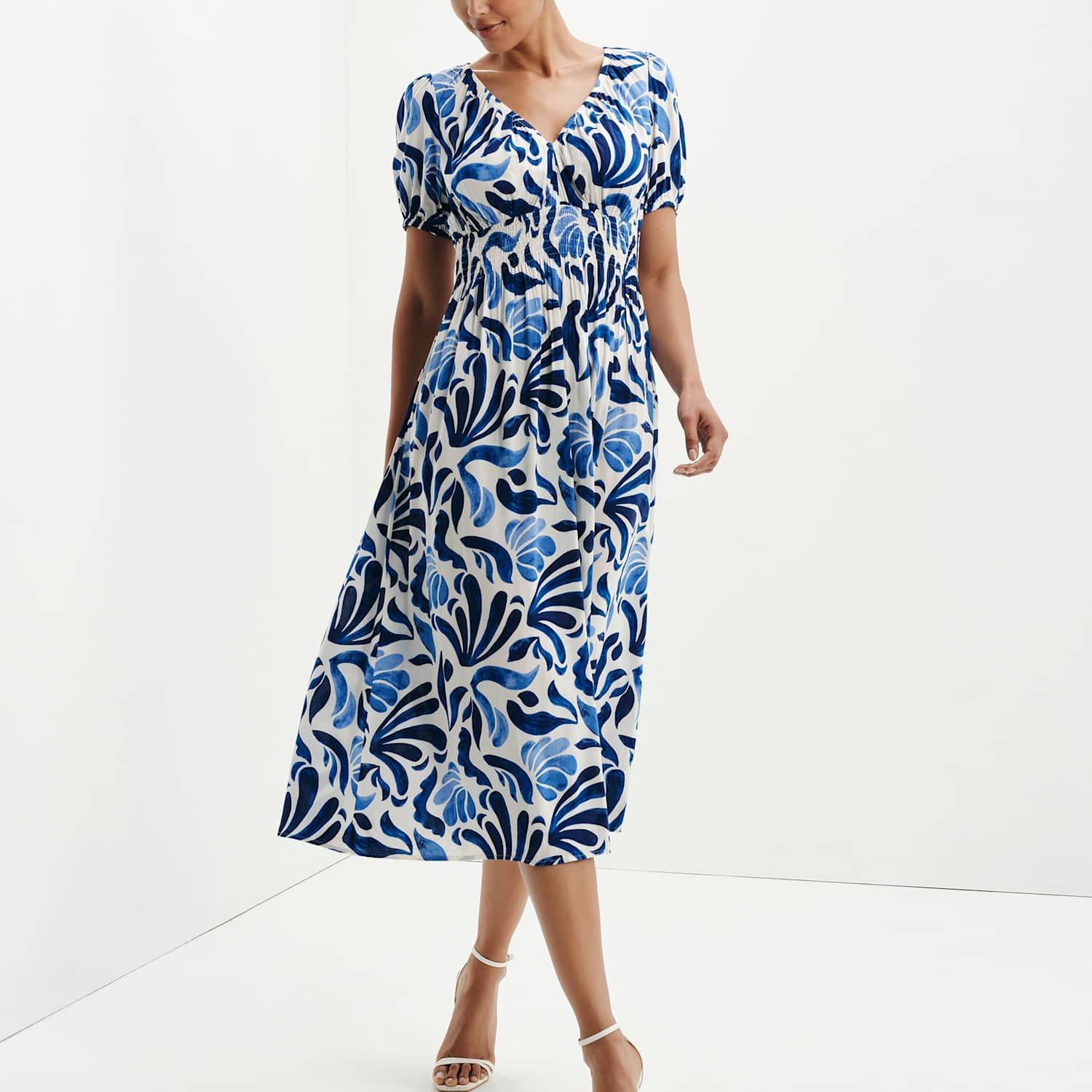 Finery London Women's Palm Print V-Neck Midi Waisted Dress - 10 - Blue Mix - Available at M&S