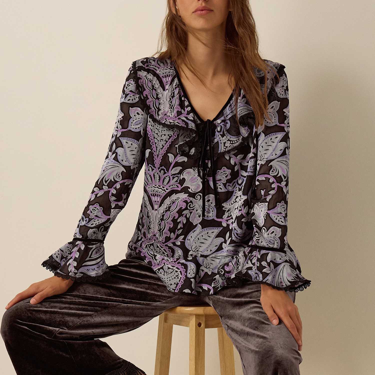 Monsoon Women's Printed Long Sleeve V Neck Blouse - XX Large - Black Mix - Available at M&S