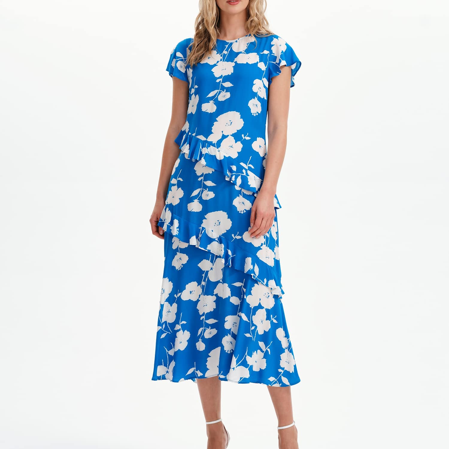 Finery London Women's Floral Round Neck Ruffle Midi Waisted Dress - 20 - Blue Mix - Available at M&S