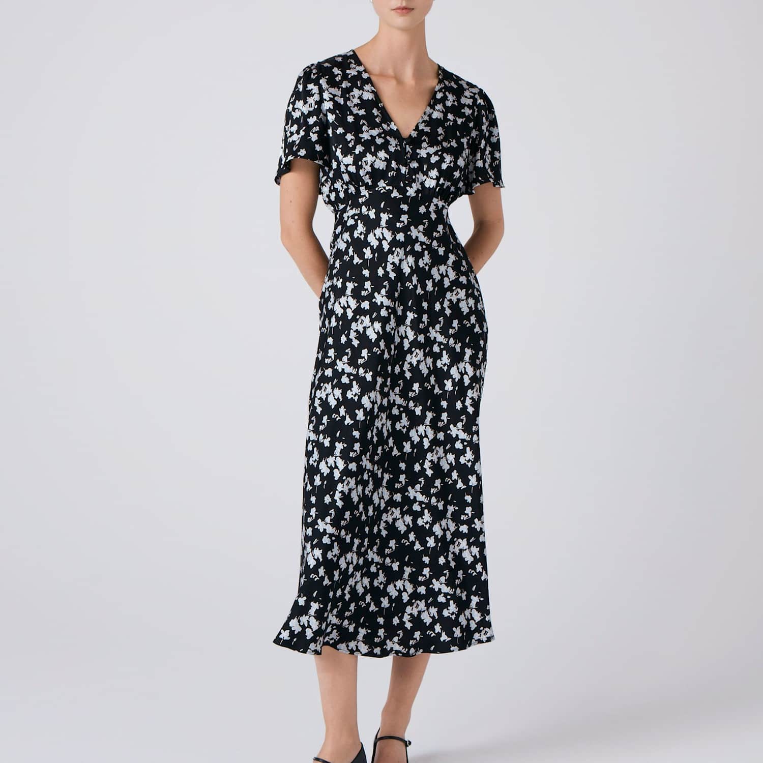 Ghost Women's Satin Floral Midi Tea Dress - 14 - Black Mix - Available at M&S