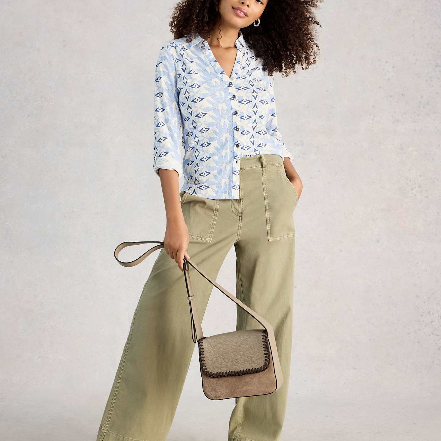 White Stuff Women's Pure Cotton Jersey Printed Collared Shirt - 12 - Blue Mix - Available at M&S