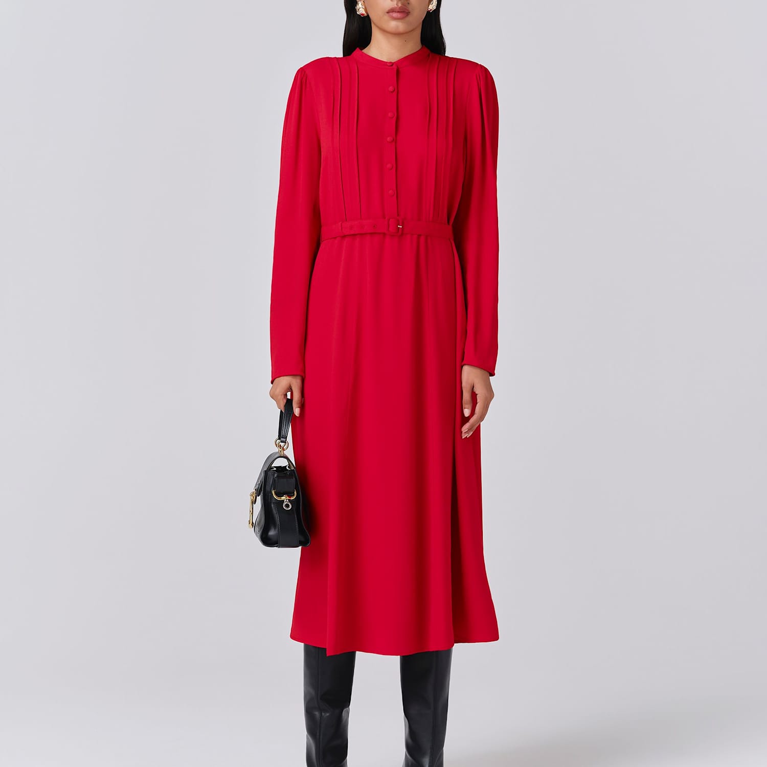 Ghost Women's Crepe Pintuck Button Front Midi Waisted Dress - 12 - Red - Available at M&S