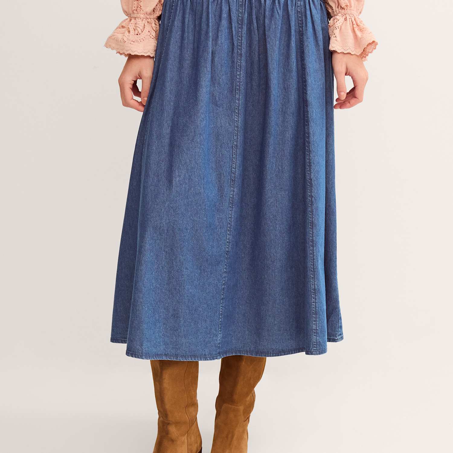 Monsoon Women's Denim Seam Detail Midi Drop Waist Skirt - 8 - Blue - Available at M&S