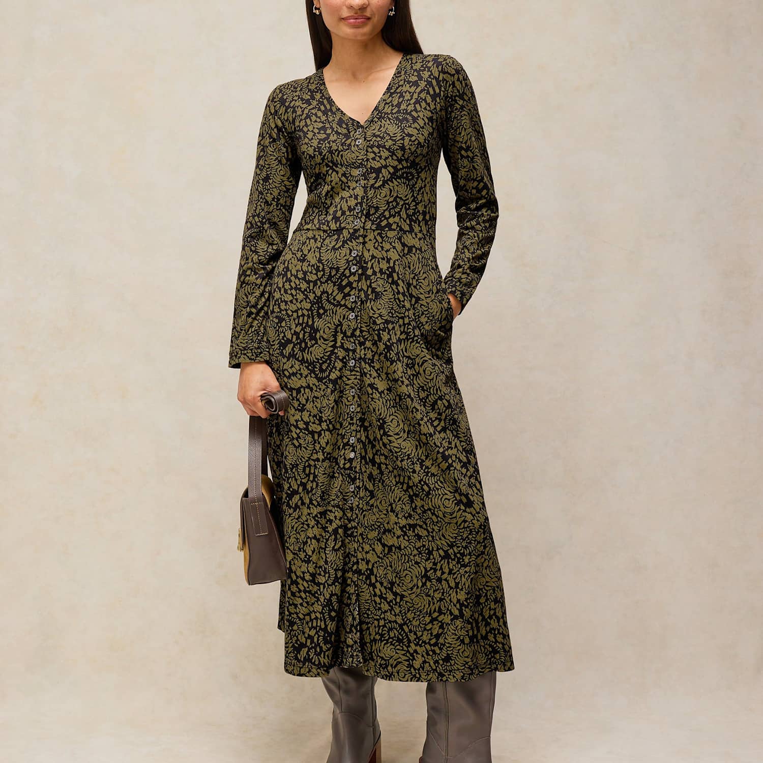 White Stuff Women's Reese Pure Cotton Button Through V Neck Midi Dress - 14 - Green Mix - Available at M&S