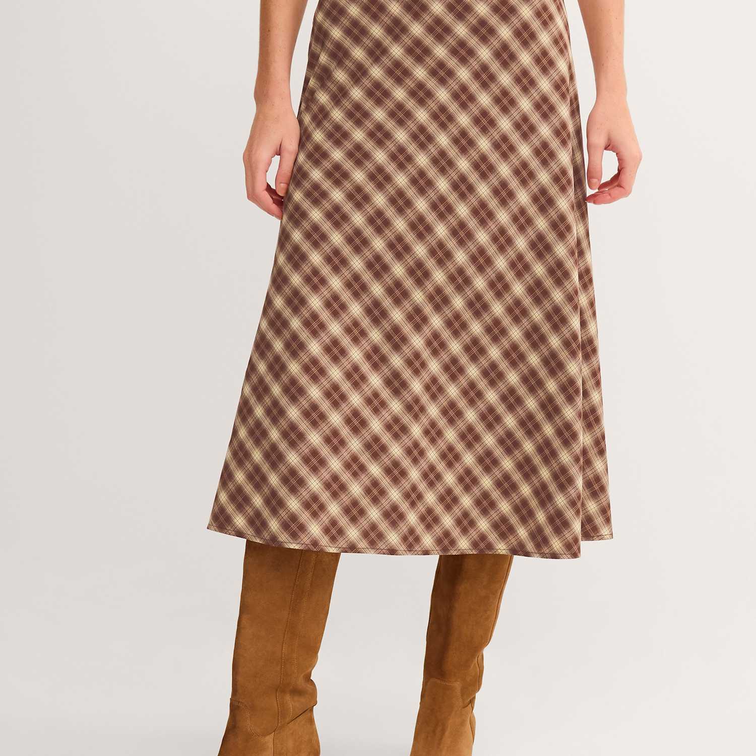 Monsoon Women's Checked Lace Trim Midi A-Line Skirt - 12 - Brown Mix - Available at M&S