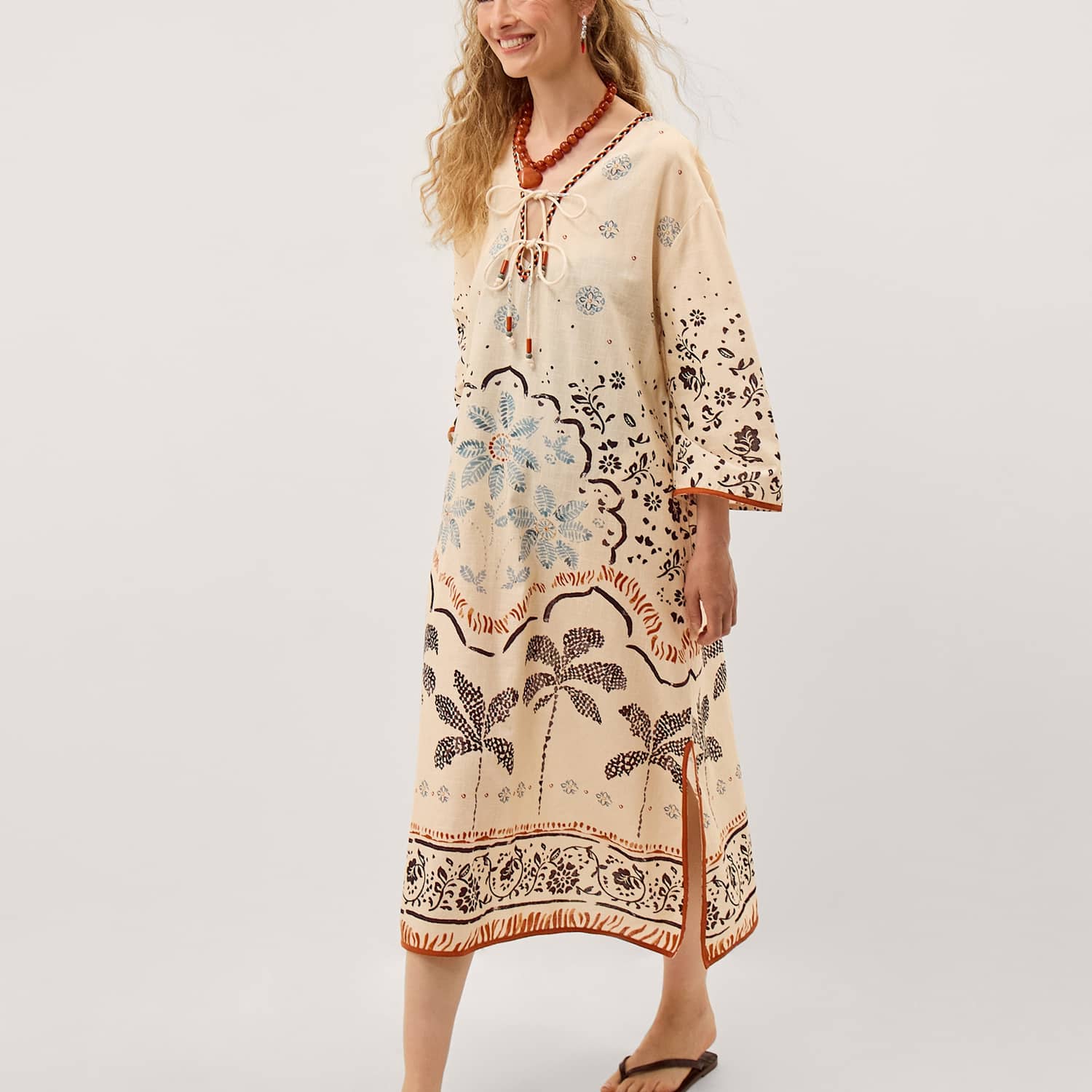 Monsoon Women's Pure Cotton Printed Beach Cover Up Kaftan - Small-Medium - Ivory Mix - Available at M&S