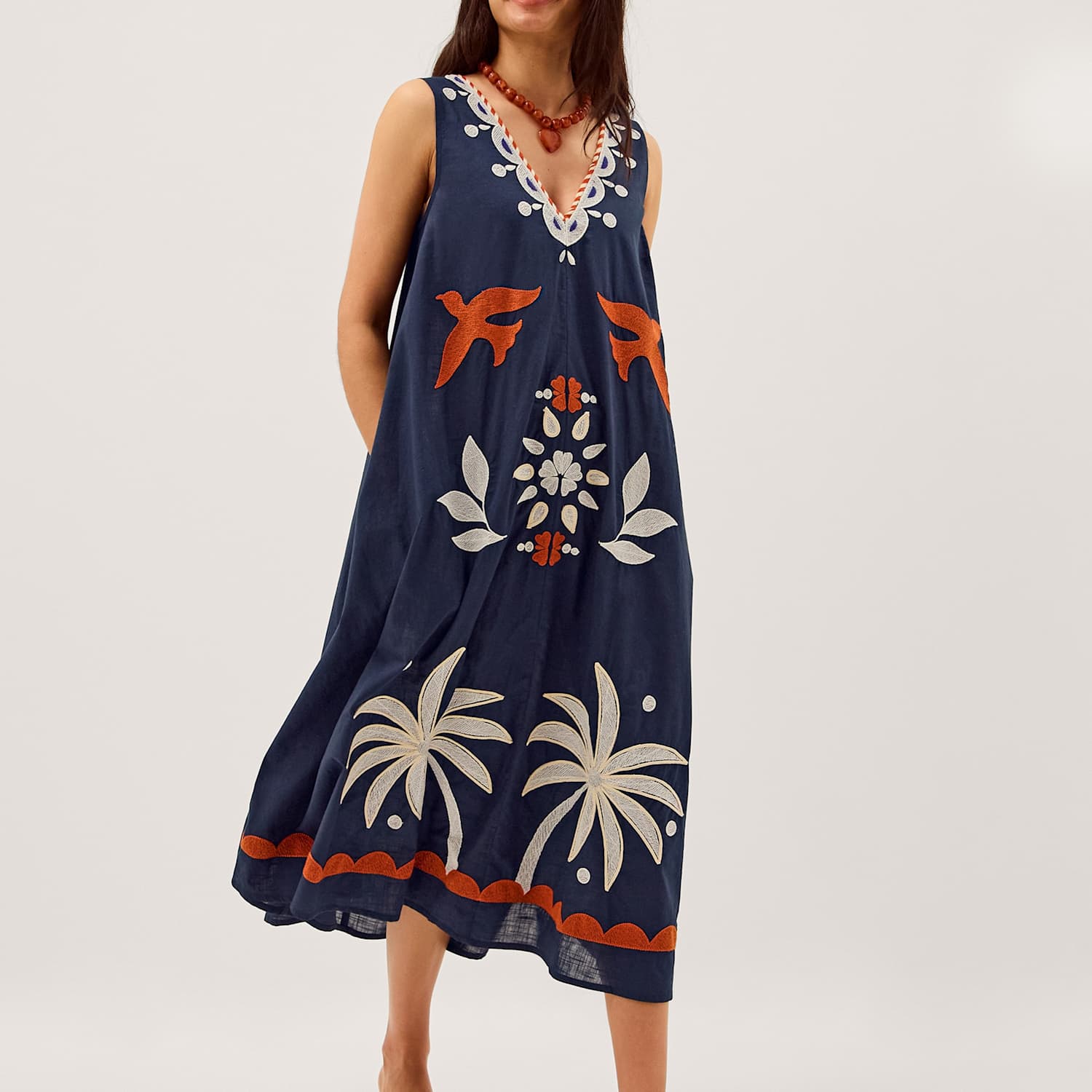 Monsoon Women's Pure Cotton Embroidered Midi Shift Dress - Small - Navy Mix - Available at M&S