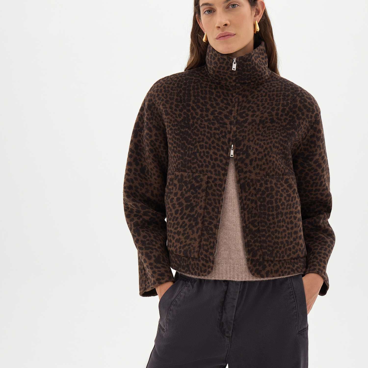 Hush Women's Ira Pure Wool Leopard Print Funnel Neck Jacket - XS-S - Brown Mix - Available at M&S
