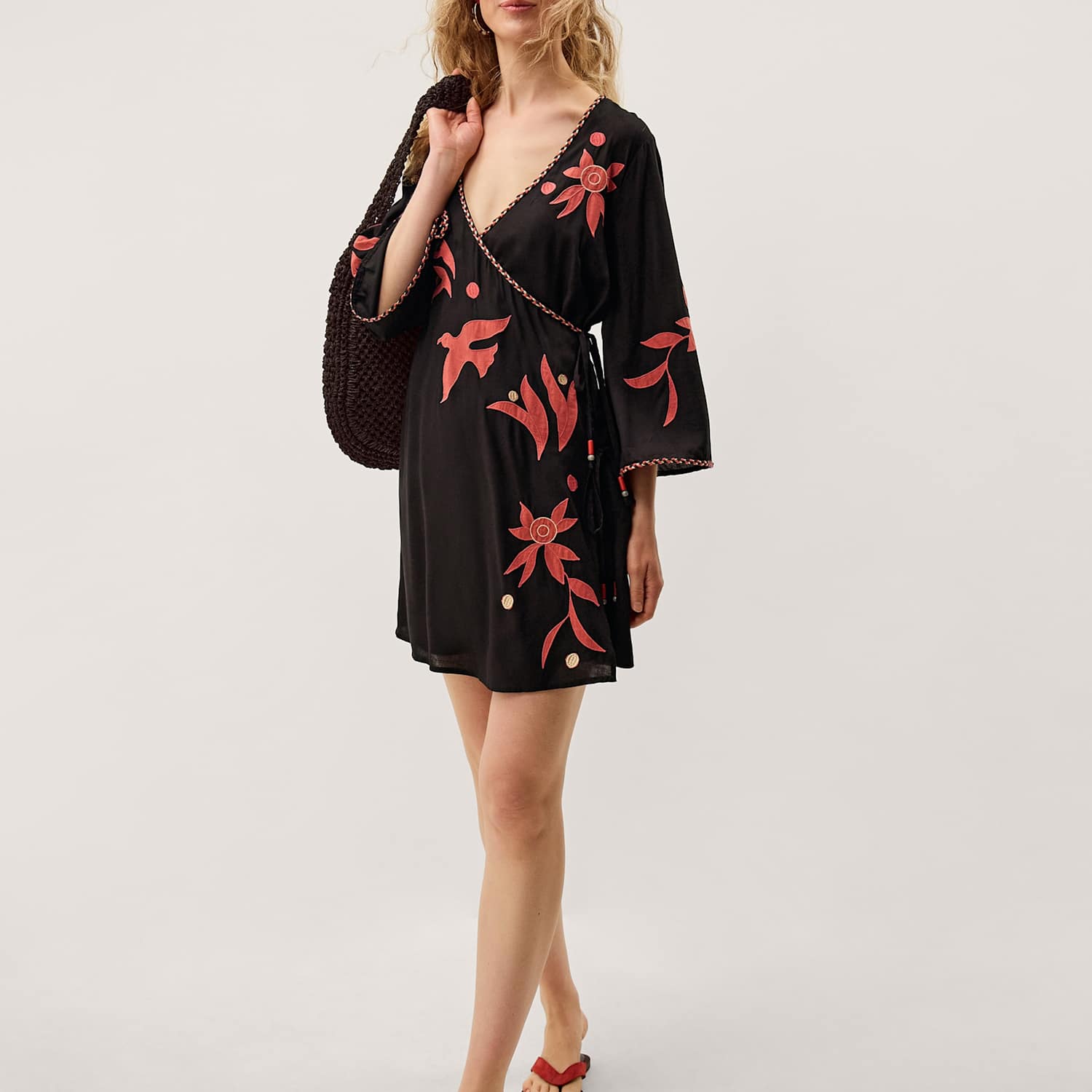 Monsoon Women's Appliqué Wrap Mini Beach Cover Up Kaftan - Medium - Black Mix - Available at M&S