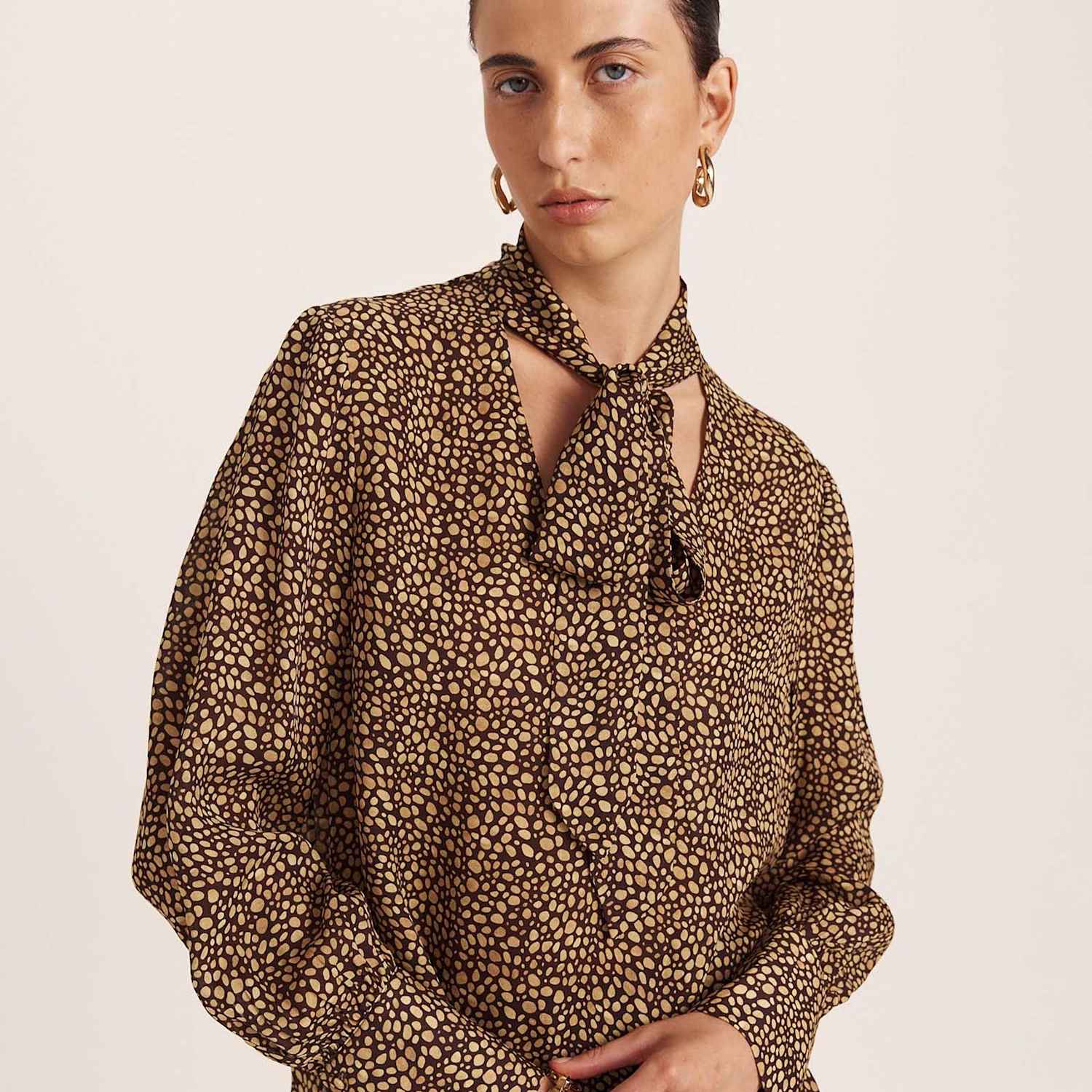 Saba Women's Pure Silk Printed Tie Neck Blouse - 8 - Brown Mix - Available at M&S