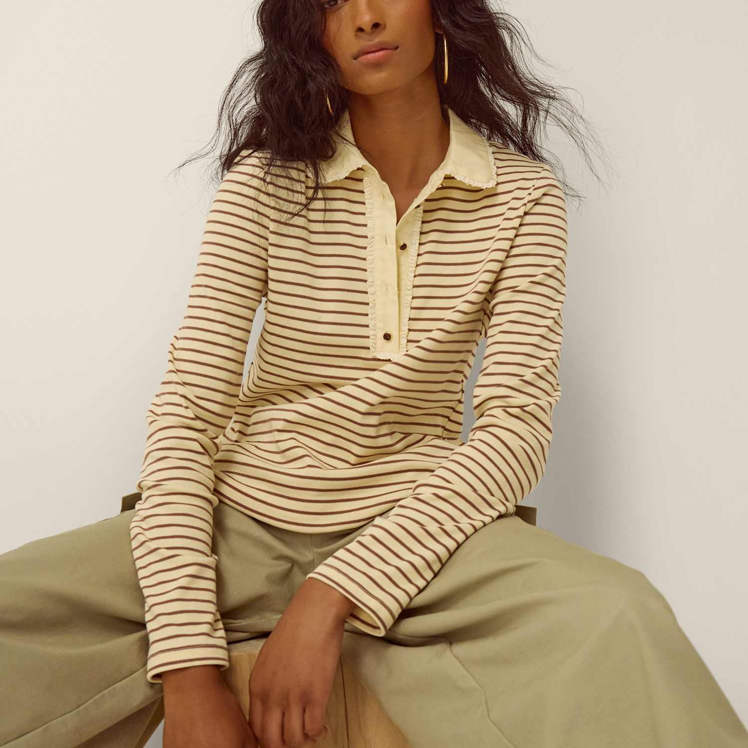 Monsoon Women's Striped Jersey Polo Shirt - Large - Cream Mix - Available at M&S