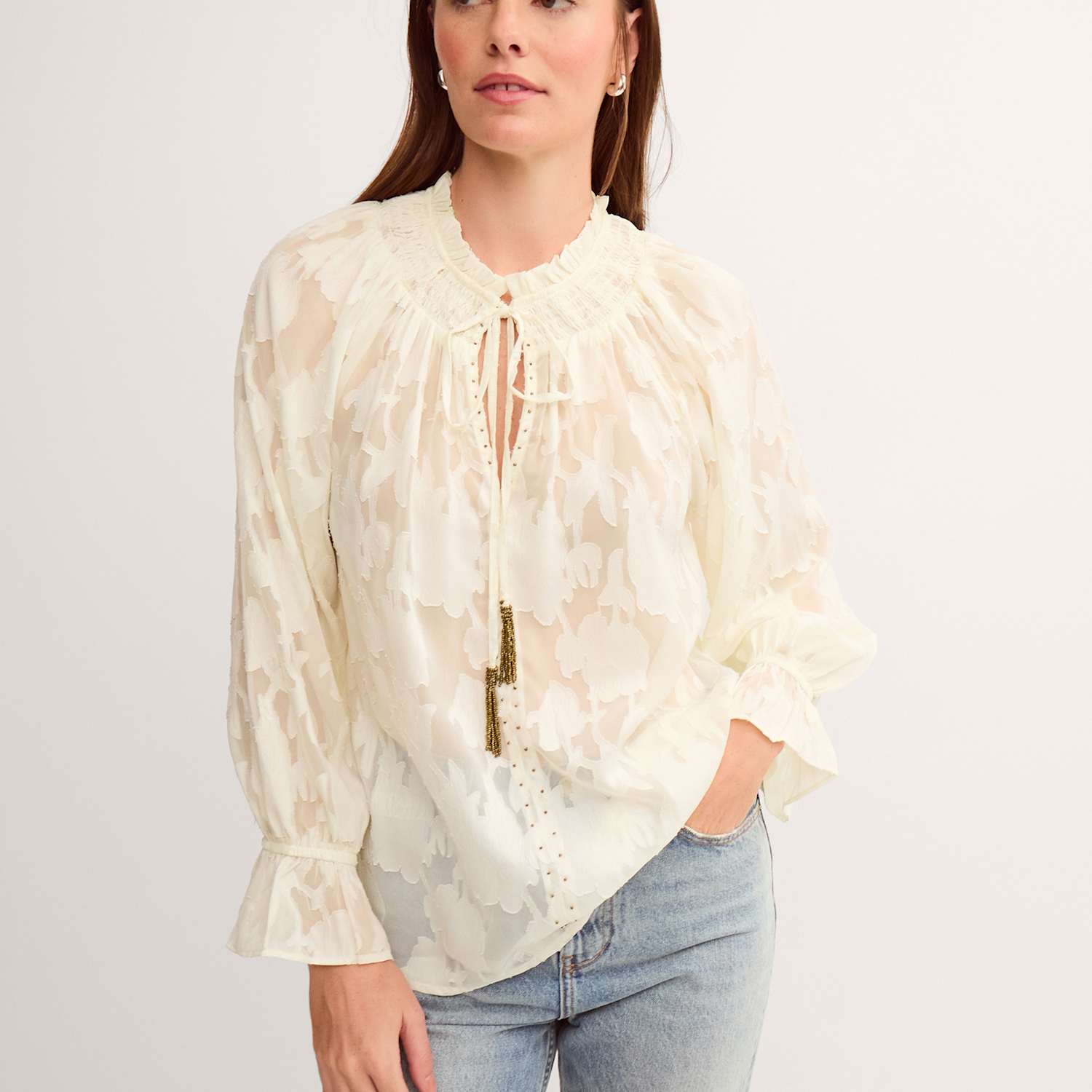 Monsoon Women's Jacquard Tie Neck Blouson Sleeve Blouse - Small - Ivory - Available at M&S