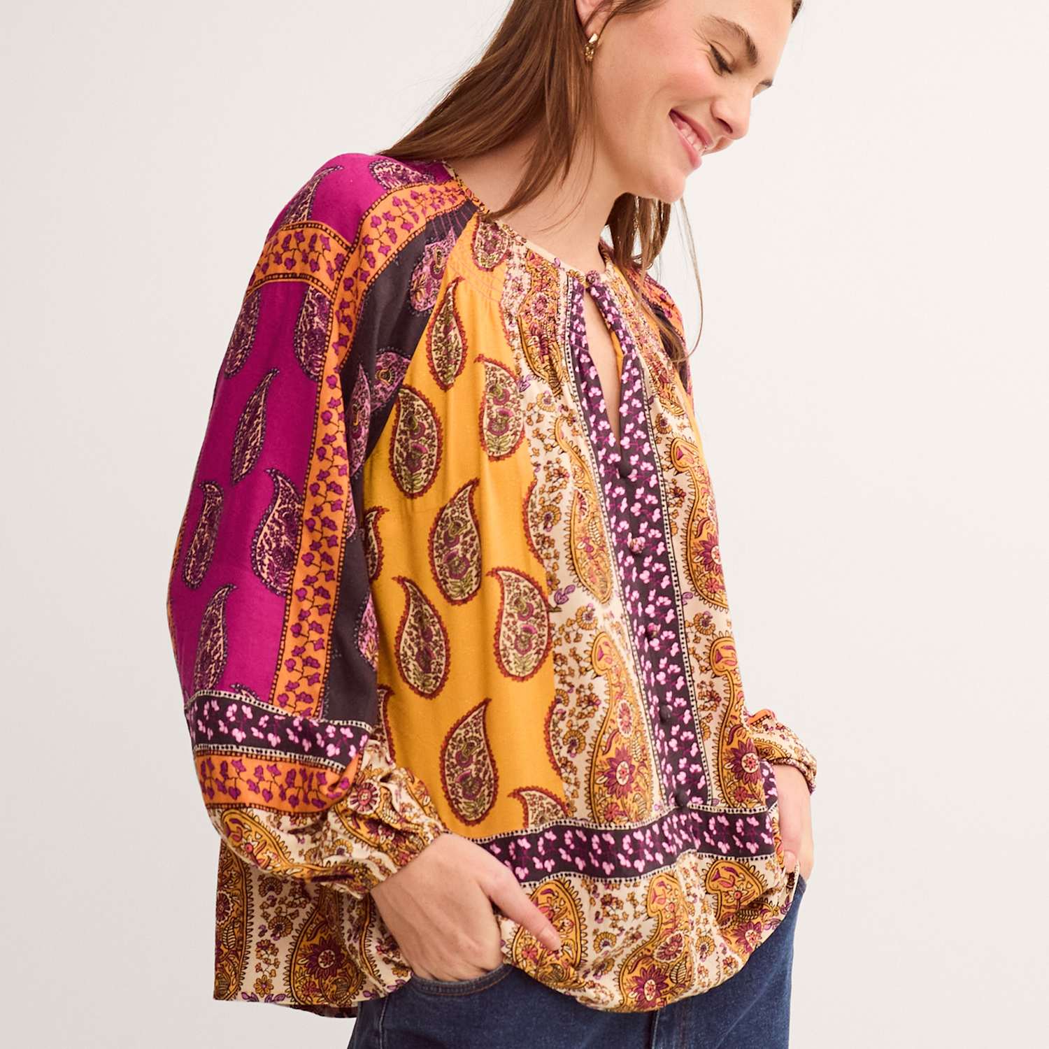 Monsoon Women's Paisley Smocked Blouson Sleeve Blouse - Medium - Pink Mix - Available at M&S