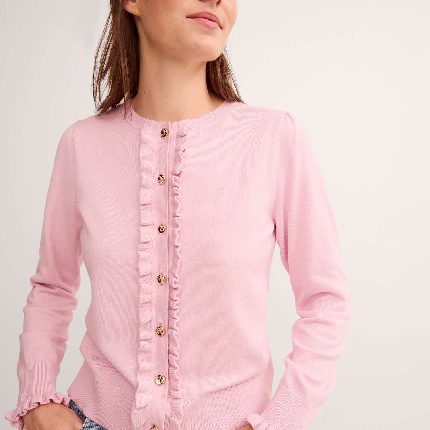 Monsoon Women's Crew Neck Ruffle Button Front Cardigan - Large - Pink - Available at M&S