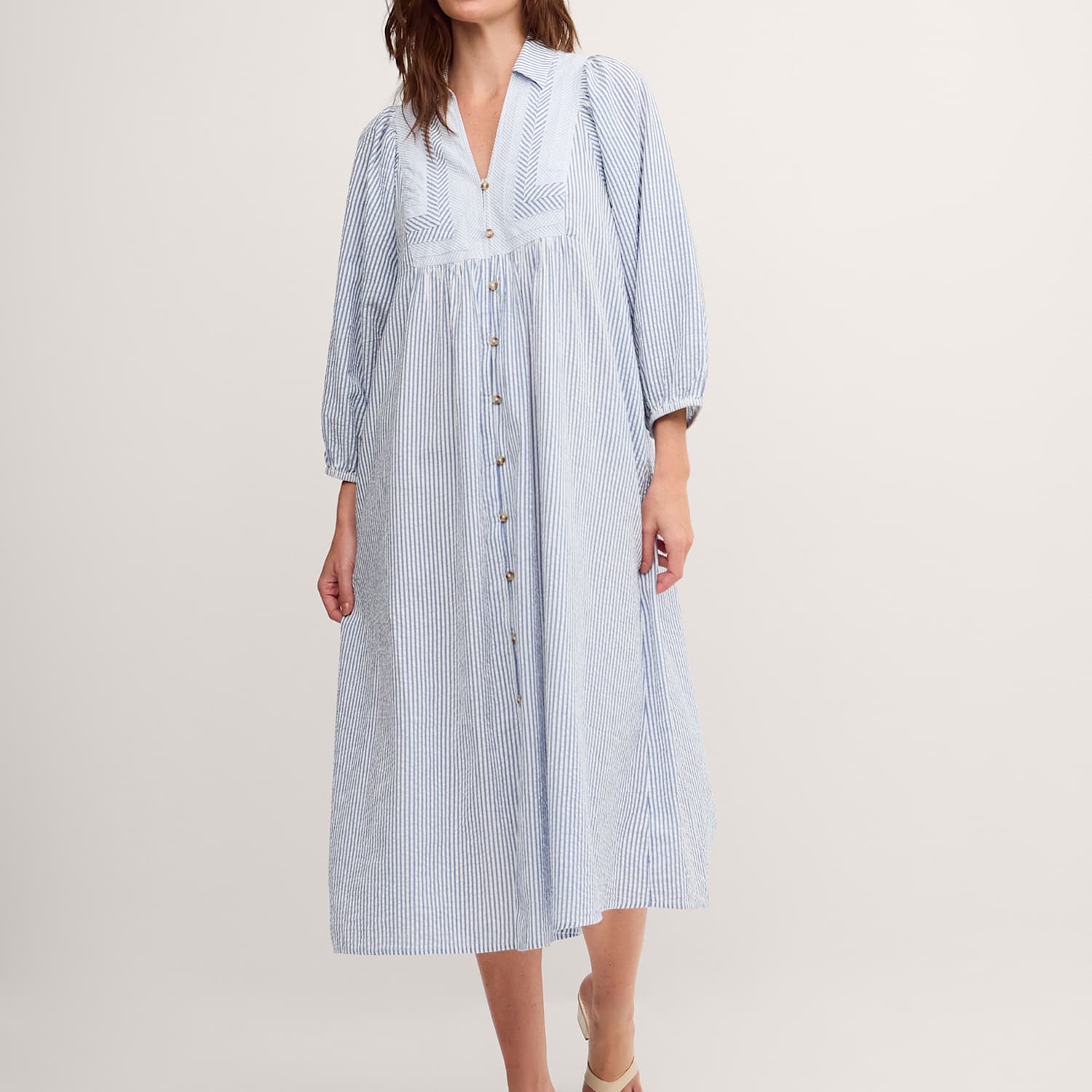 Monsoon Women's Pure Cotton Striped Midi Smock Dress - Medium - Blue Mix - Available at M&S