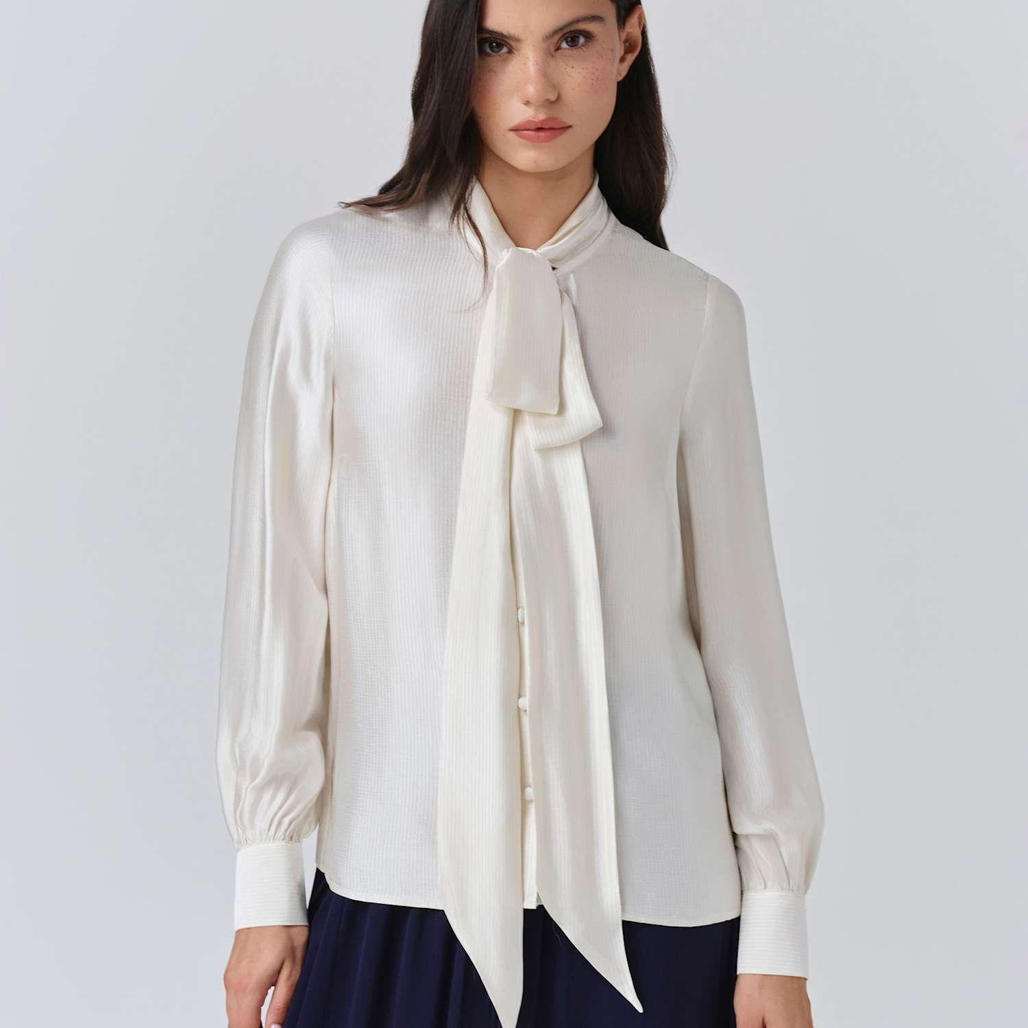 Ghost Women's Satin Tie Neck Button Through Blouson Sleeve Blouse - 10 - Ivory - Available at M&S
