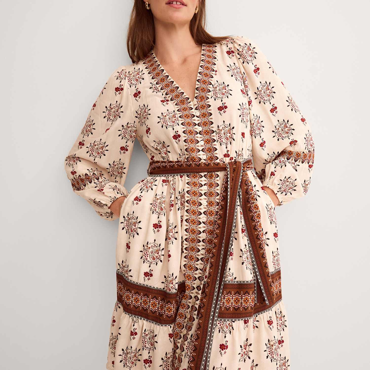 Monsoon Women's Printed V-Neck Belted Knee Length Shirt Dress - 16 - Ivory Mix - Available at M&S