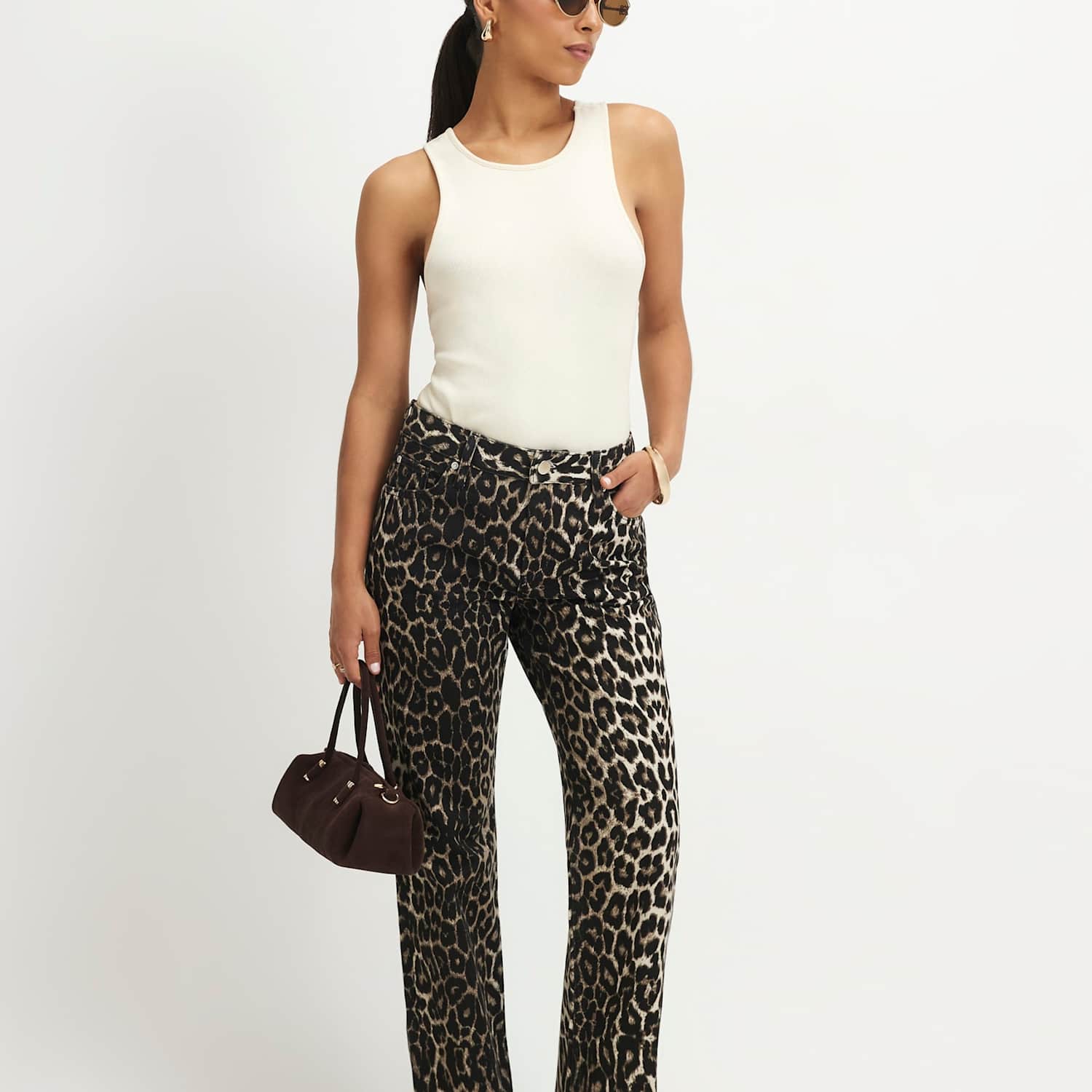 River Island Women's Mid Rise Leopard Print Slim Straight Leg Jeans - 6 - Beige Mix - Available at M&S