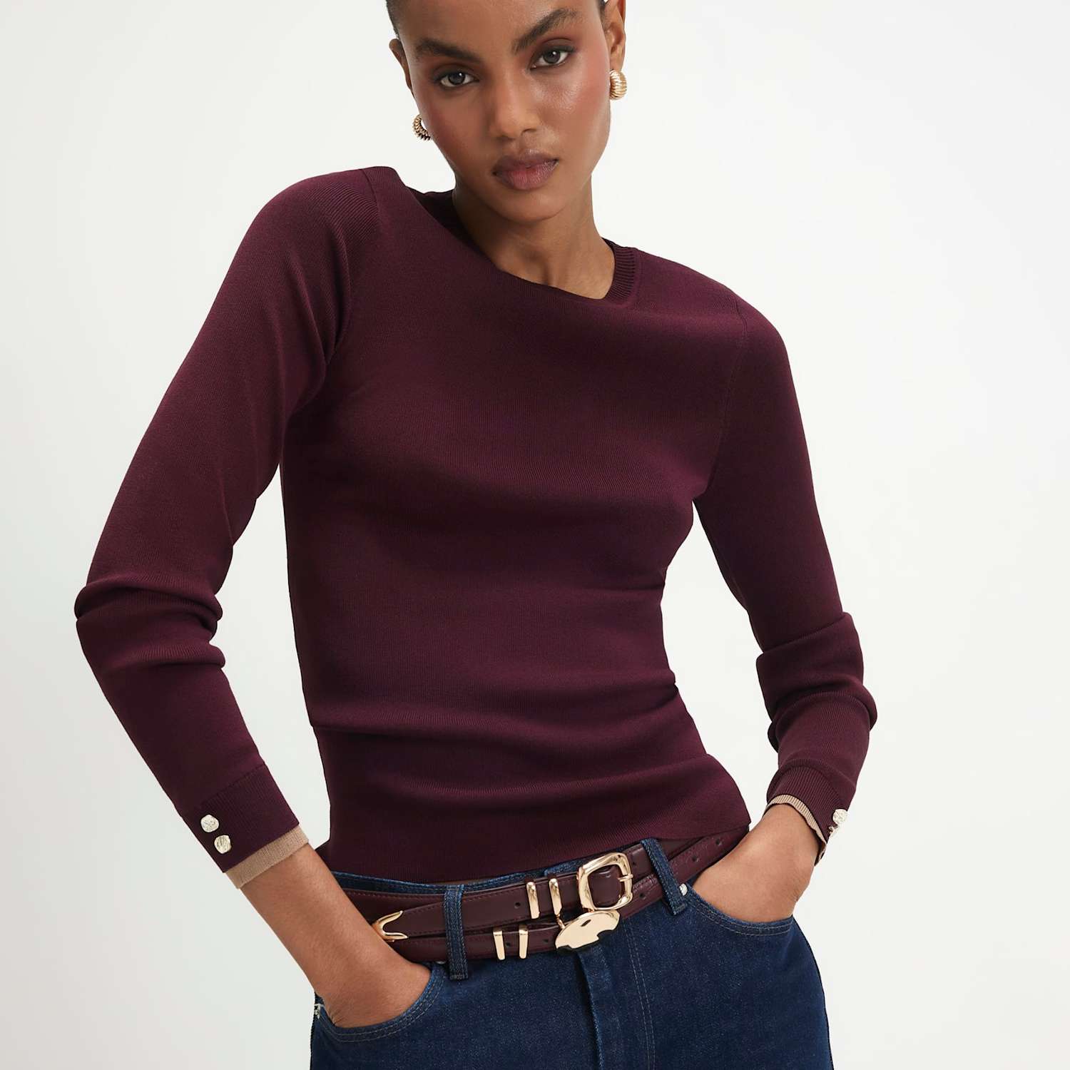 River Island Women's Ribbed Button Detail Knitted Top - Small - Burgundy - Available at M&S