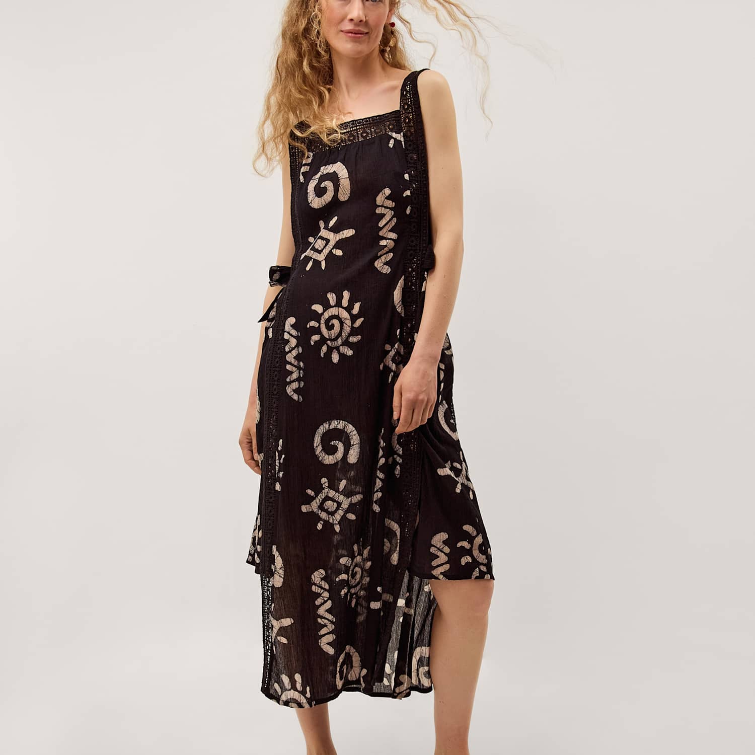 Monsoon Women's Pure Cotton Printed Square Neck Midi Dress - Large-Extra Large - Black Mix - Available at M&S
