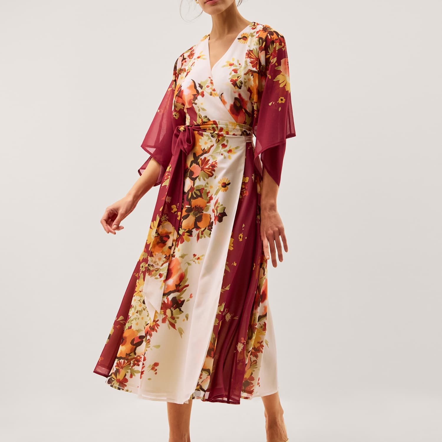 Monsoon Women's Floral V-Neck Angel Sleeve Midi Wrap Dress - 14 - Cream Mix - Available at M&S