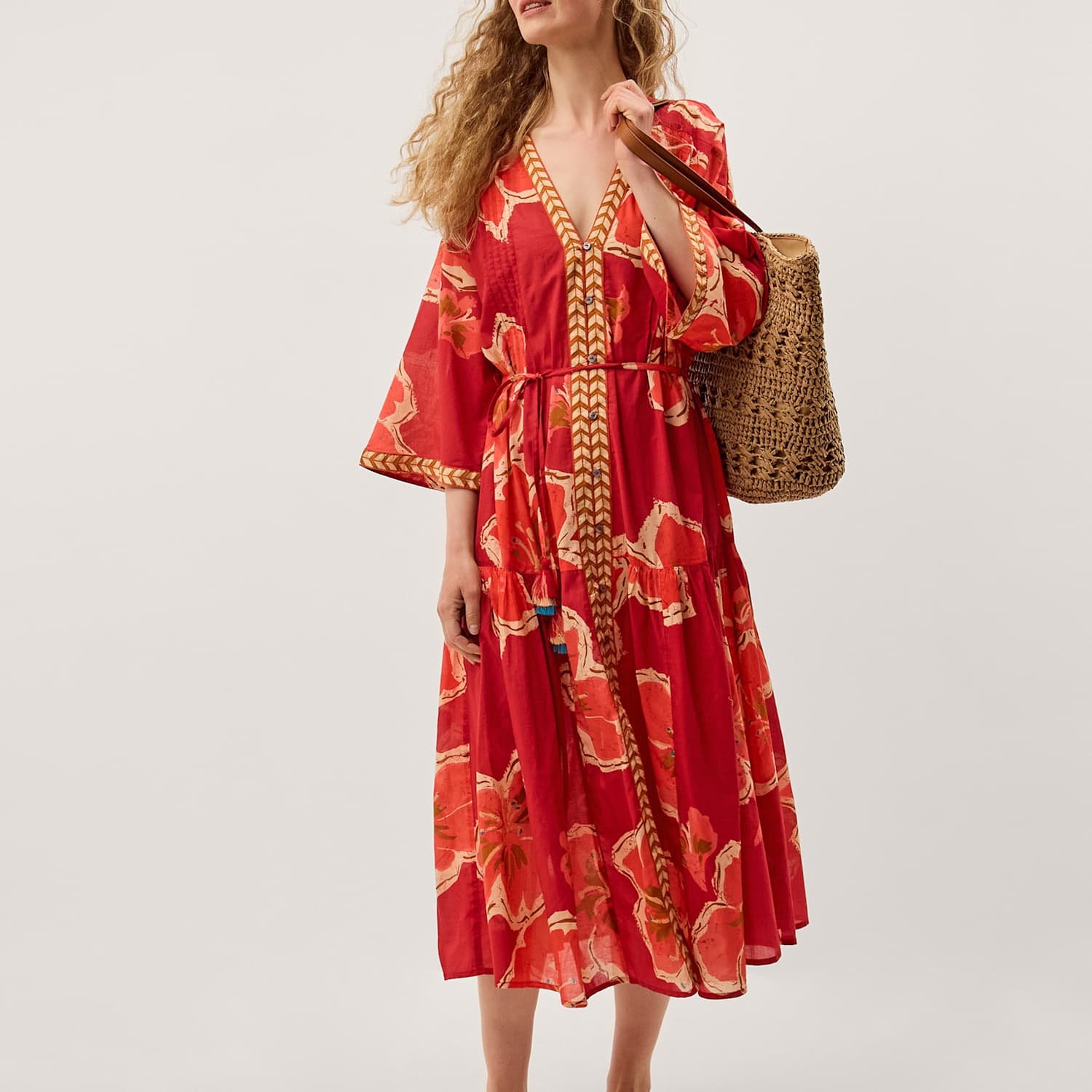 Monsoon Women's Pure Cotton Printed V-Neck Midaxi Kaftan Dress - Small - Pink Mix - Available at M&S