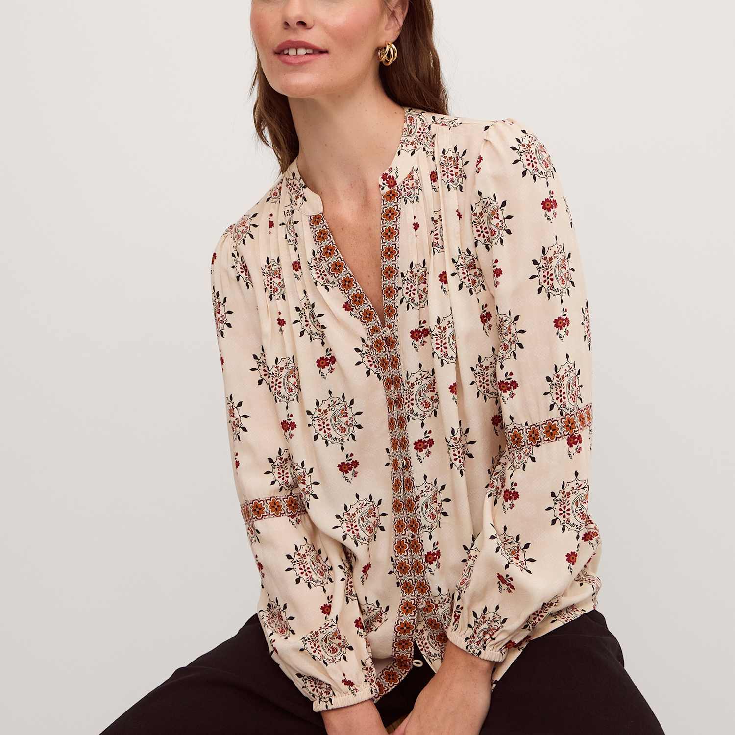 Monsoon Women's Floral Notch Neck Button Through Shirt - XX Large - Ivory Mix - Available at M&S