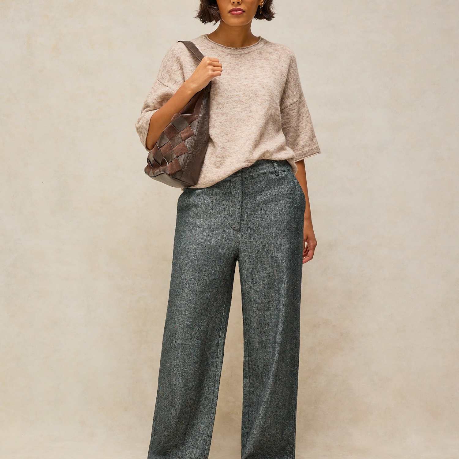 White Stuff Women's Belle Cotton Rich Herringbone Wide Leg Trousers - 14 - Grey Mix - Available at M&S