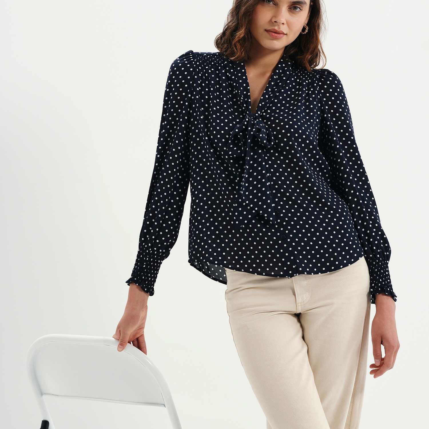 Finery London Women's Polka Dot Pussybow Blouson Sleeve Blouse - 16 - Navy Mix - Available at M&S