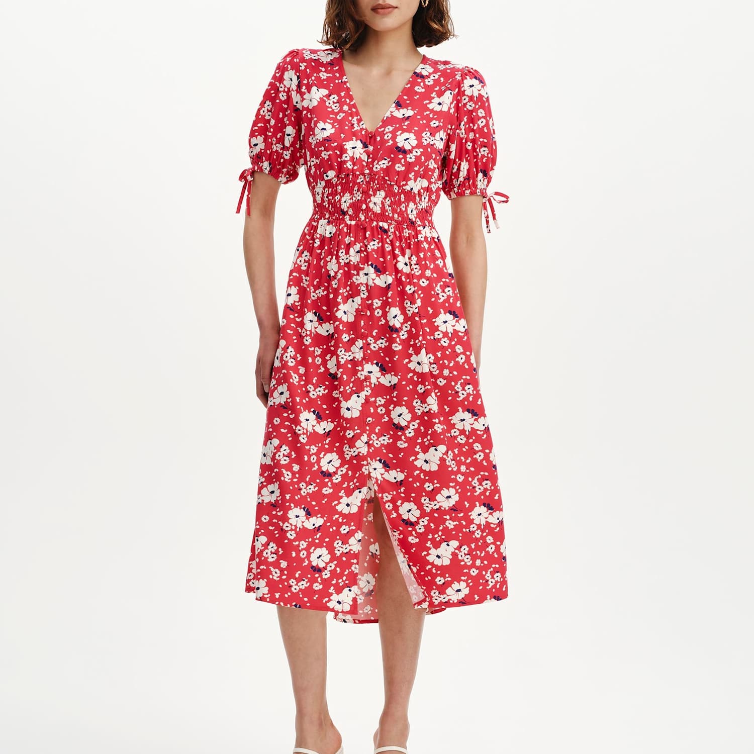 Finery London Women's Floral Shirred Button Through Midi Dress - 10 - Red Mix - Available at M&S