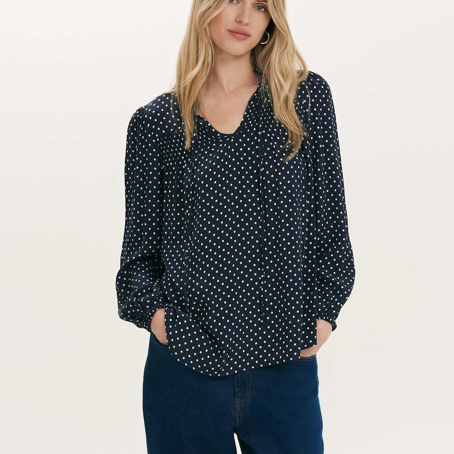 Finery London Women's Kiya Crepe Spot Print Tie Neck Blouse - 10 - Navy Mix - Available at M&S