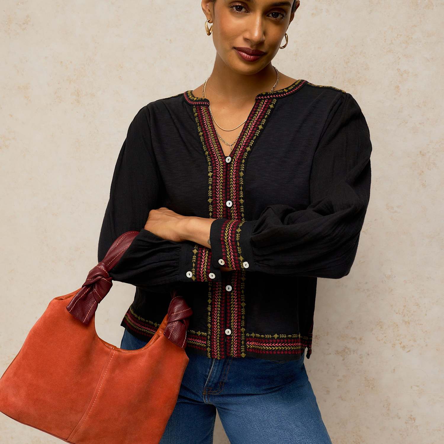 White Stuff Women's Embroidered Notch Neck Cotton Top - 10 - Black Mix - Available at M&S