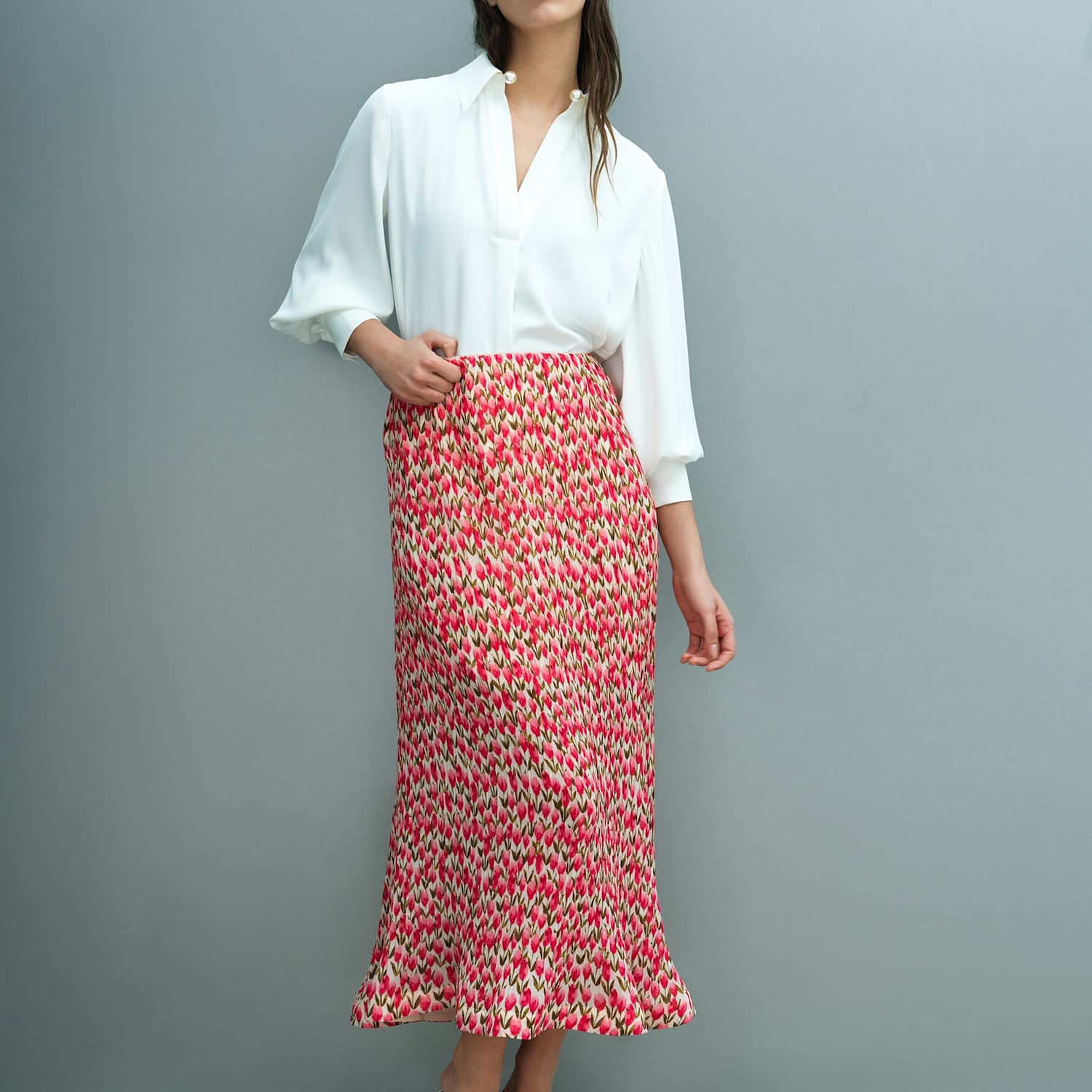 French Connection Women's Plissé Floral Midi A-Line Skirt - 10 - Pink Mix - Available at M&S