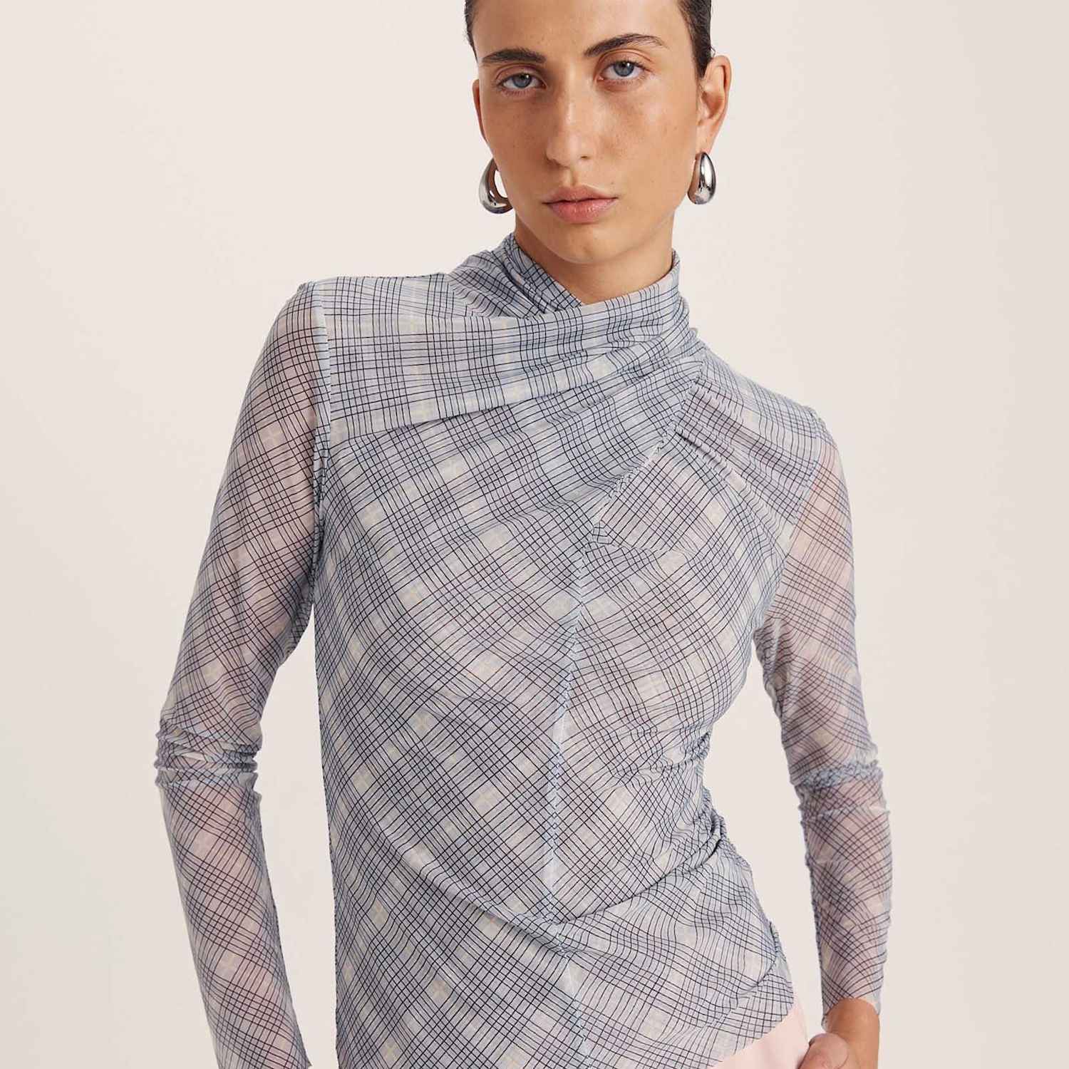 Saba Women's Checked High Neck Long Sleeve Top - Small - Grey - Available at M&S