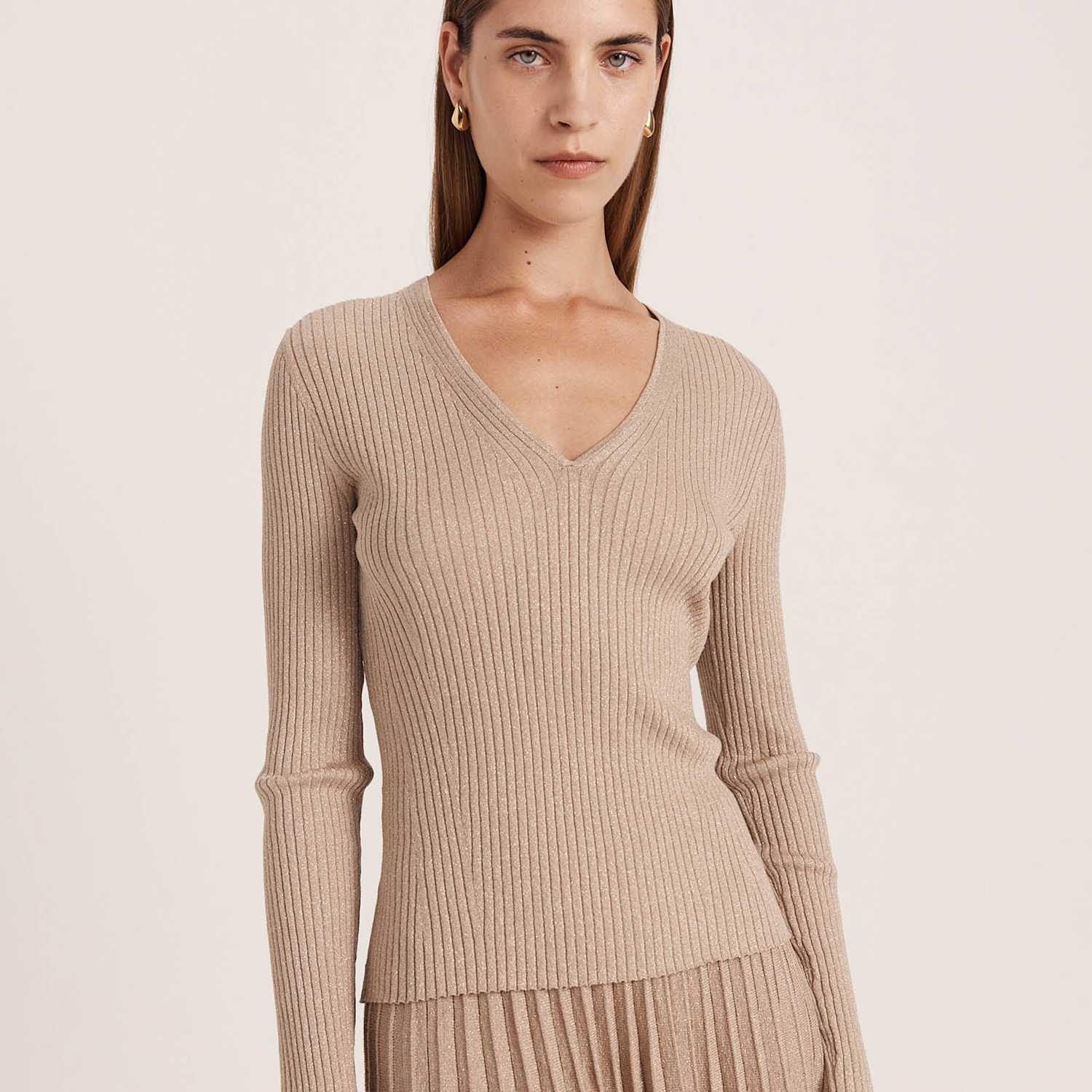 Saba Women's Sparkly V Neck Long Sleeve Top - Small - Gold - Available at M&S