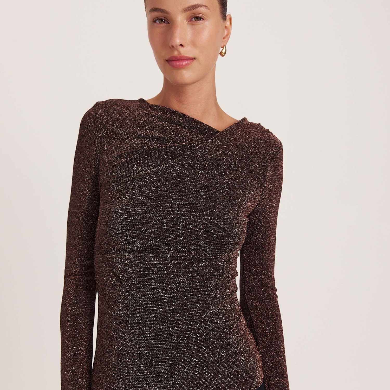 Saba Women's Sparkly V Neck Long Sleeve Top - Medium - Brown - Available at M&S