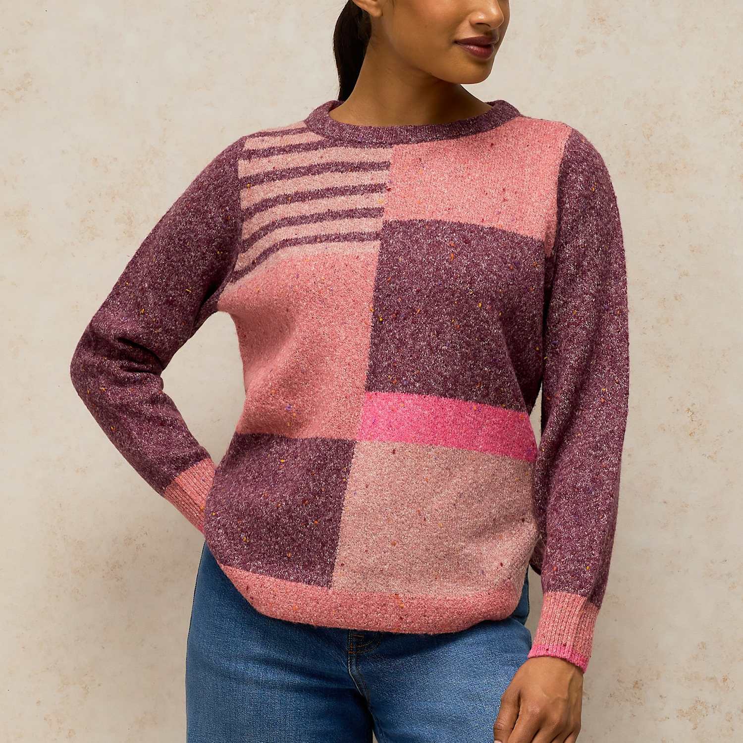 White Stuff Women's Patterned Crew Neck Jumper - 18 - Burgundy Mix - Available at M&S