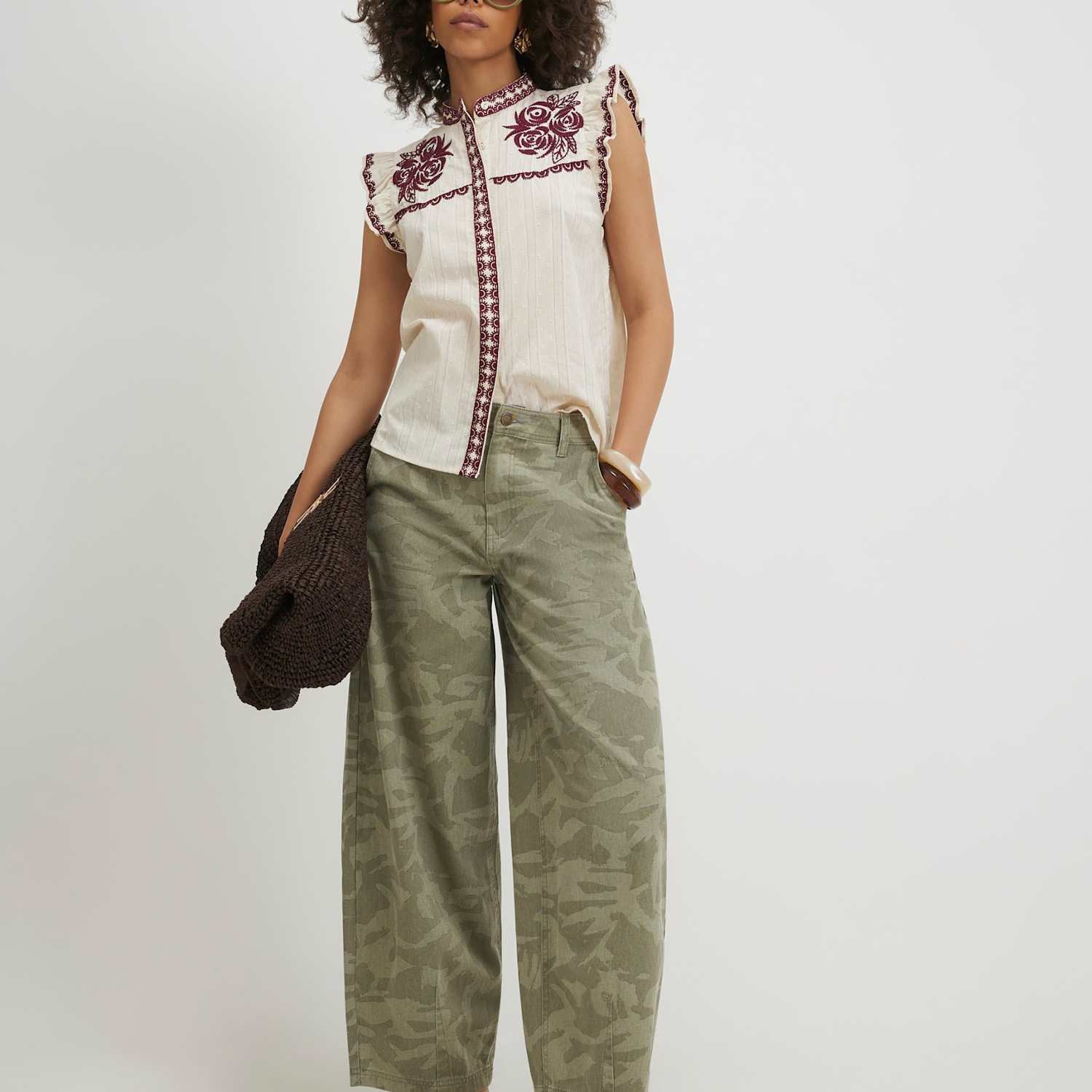 River Island Women's Dobby Embroidered Ruffle Blouse - Large - Cream Mix - Available at M&S