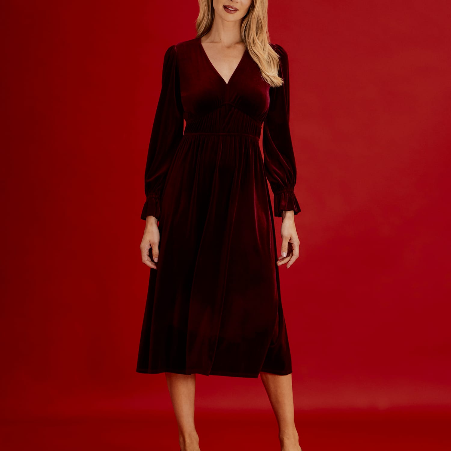 Finery London Women's Velvet V-Neck Midi Waisted Dress - 18 - Burgundy - Available at M&S