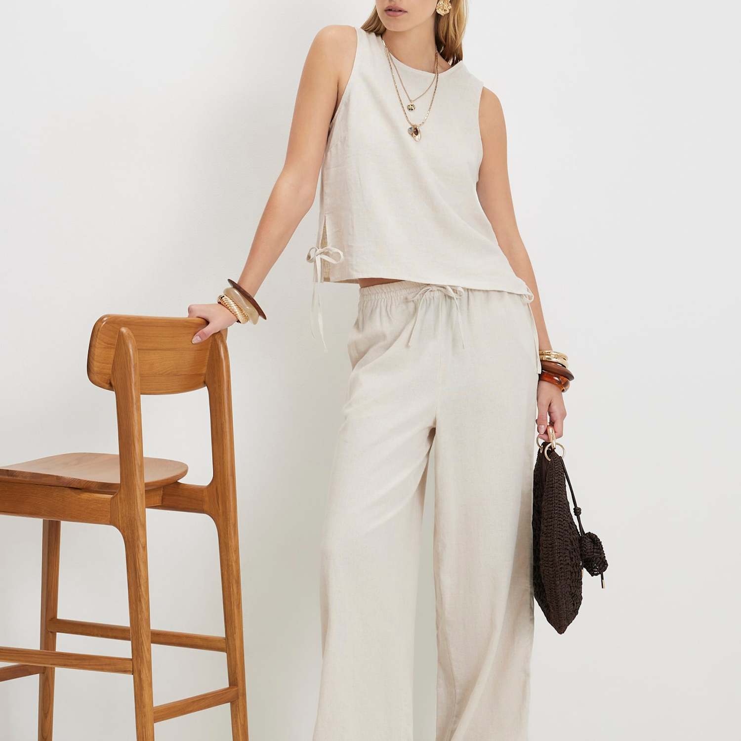 River Island Women's Linen Rich Wide Leg Trousers - Large - Stone - Available at M&S