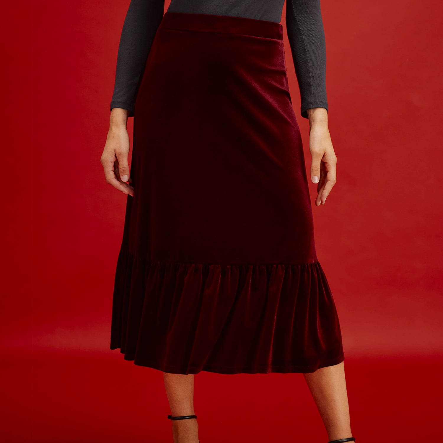Finery London Women's Velvet Midi Tiered Skirt - 16 - Burgundy - Available at M&S