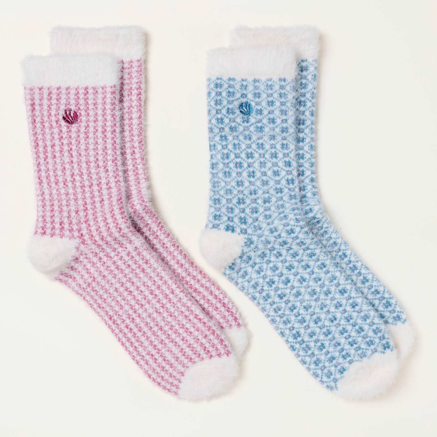 Fatface Women's 2 Pack Geometric Fluffy Socks - Blue Mix - Available at M&S