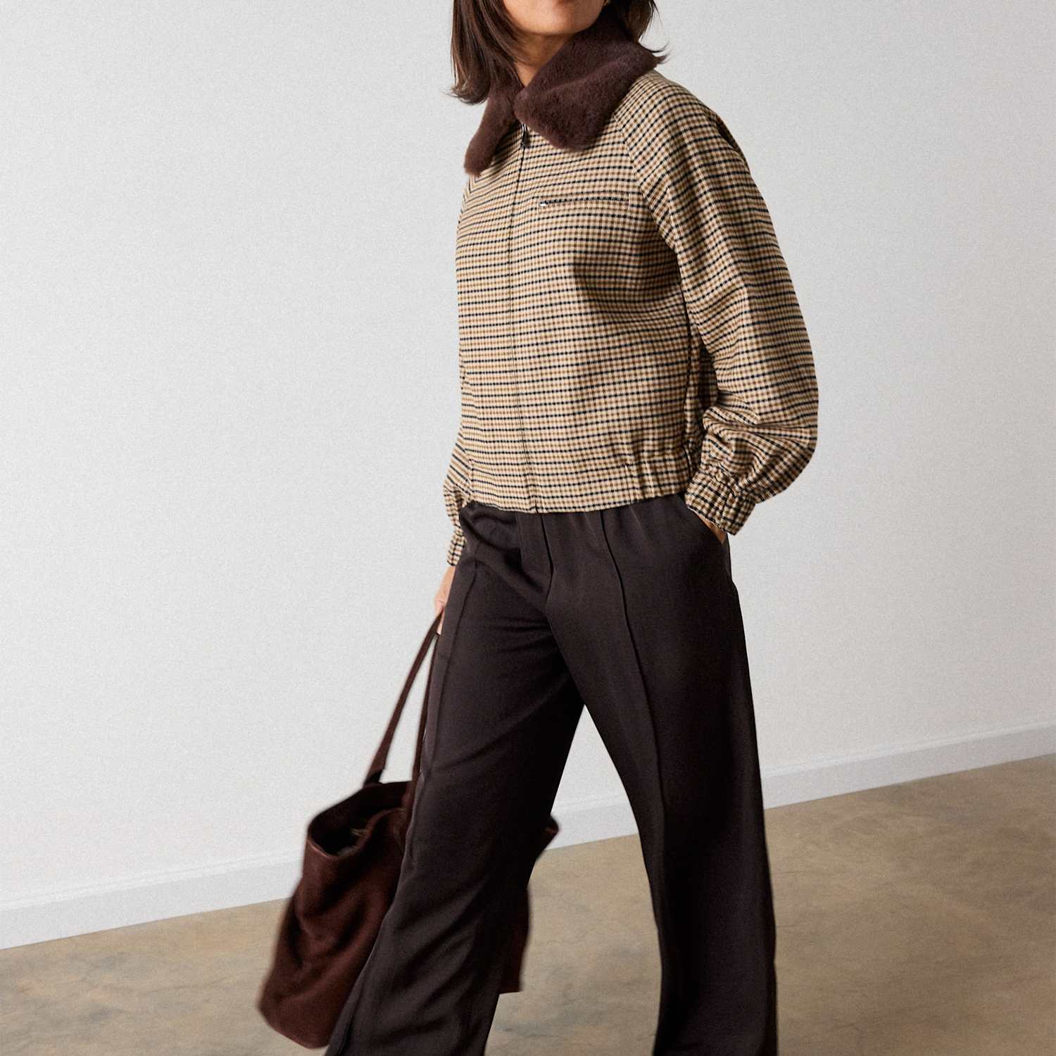 Whistles Women's Cotton Rich Checked Bomber Jacket - 14 - Brown Mix - Available at M&S