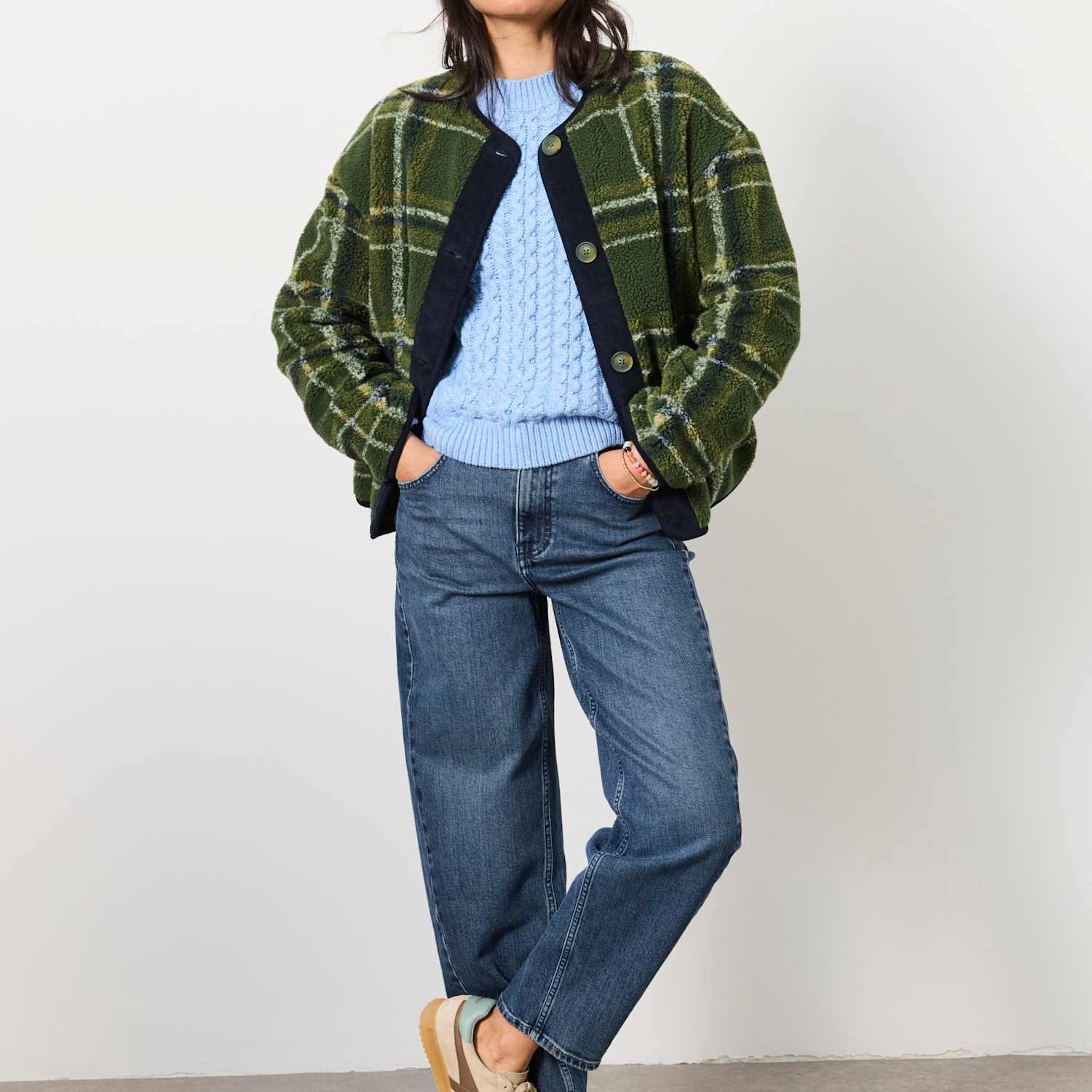 Fatface Women's Borg Checked Collarless Jacket - 12 - Green Mix - Available at M&S