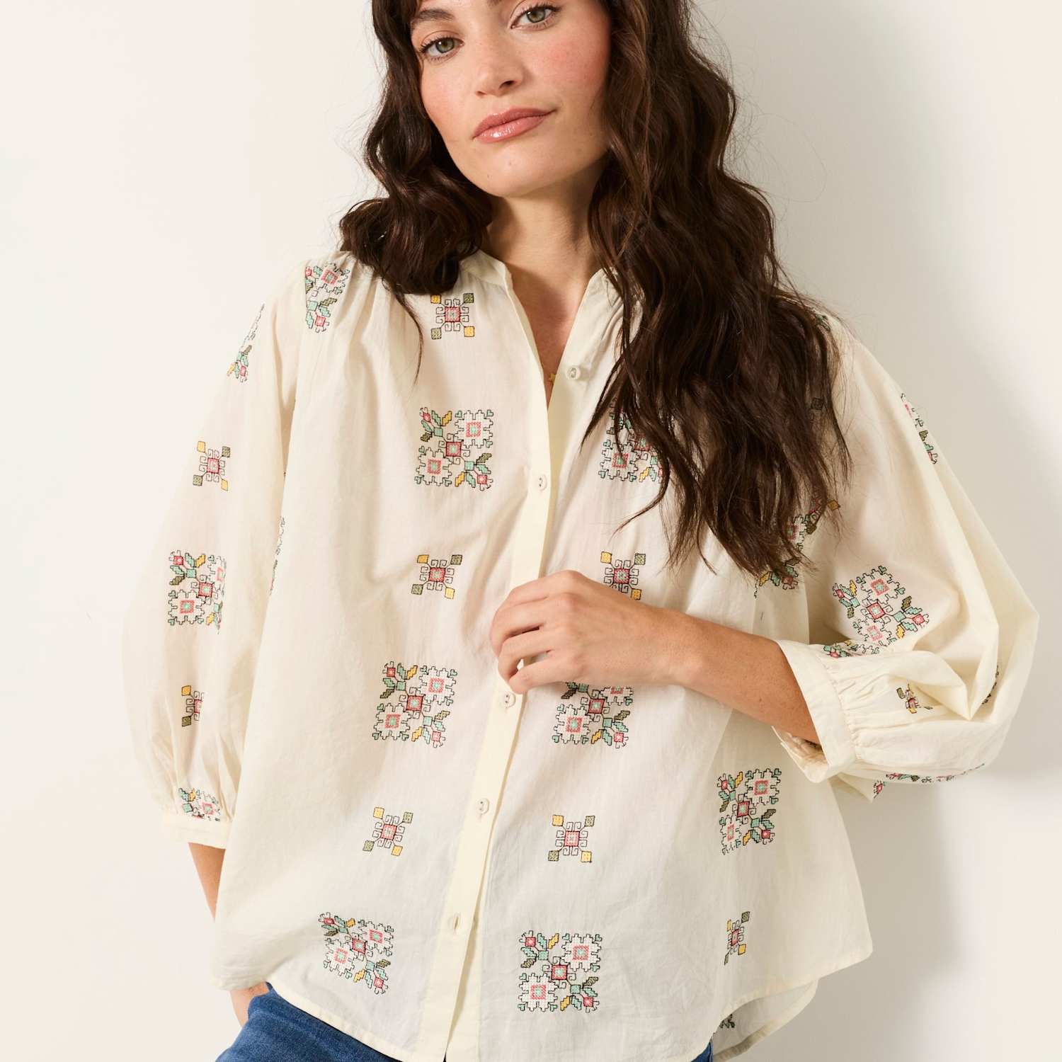 Fatface Women's Pure Cotton Embroidery Blouse - 14 - Ivory Mix - Available at M&S
