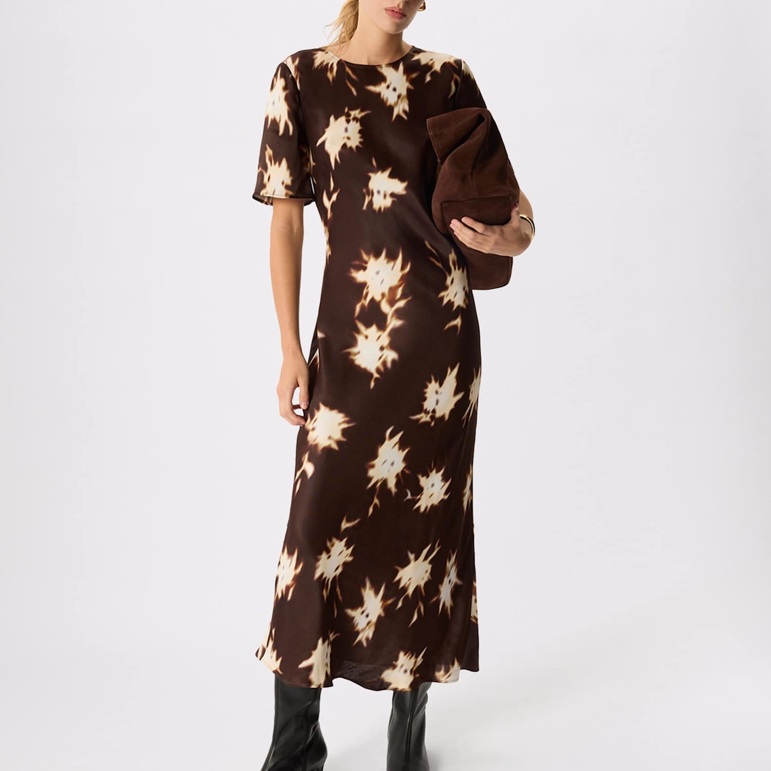 Whistles Women's Printed Round Neck Midi Column Dress - 12 - Brown Mix - Available at M&S