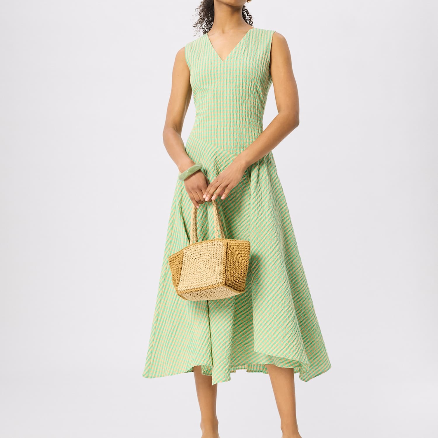 Whistles Women's Cotton Rich Textured Checked V-Neck Midi Dress - 8 - Green Mix - Available at M&S