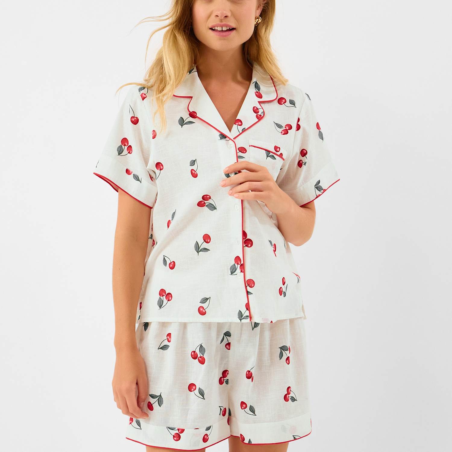 Accessorize Women's Pure Cotton Cherry Print Shortie Set - Small - Ivory Mix - Available at M&S