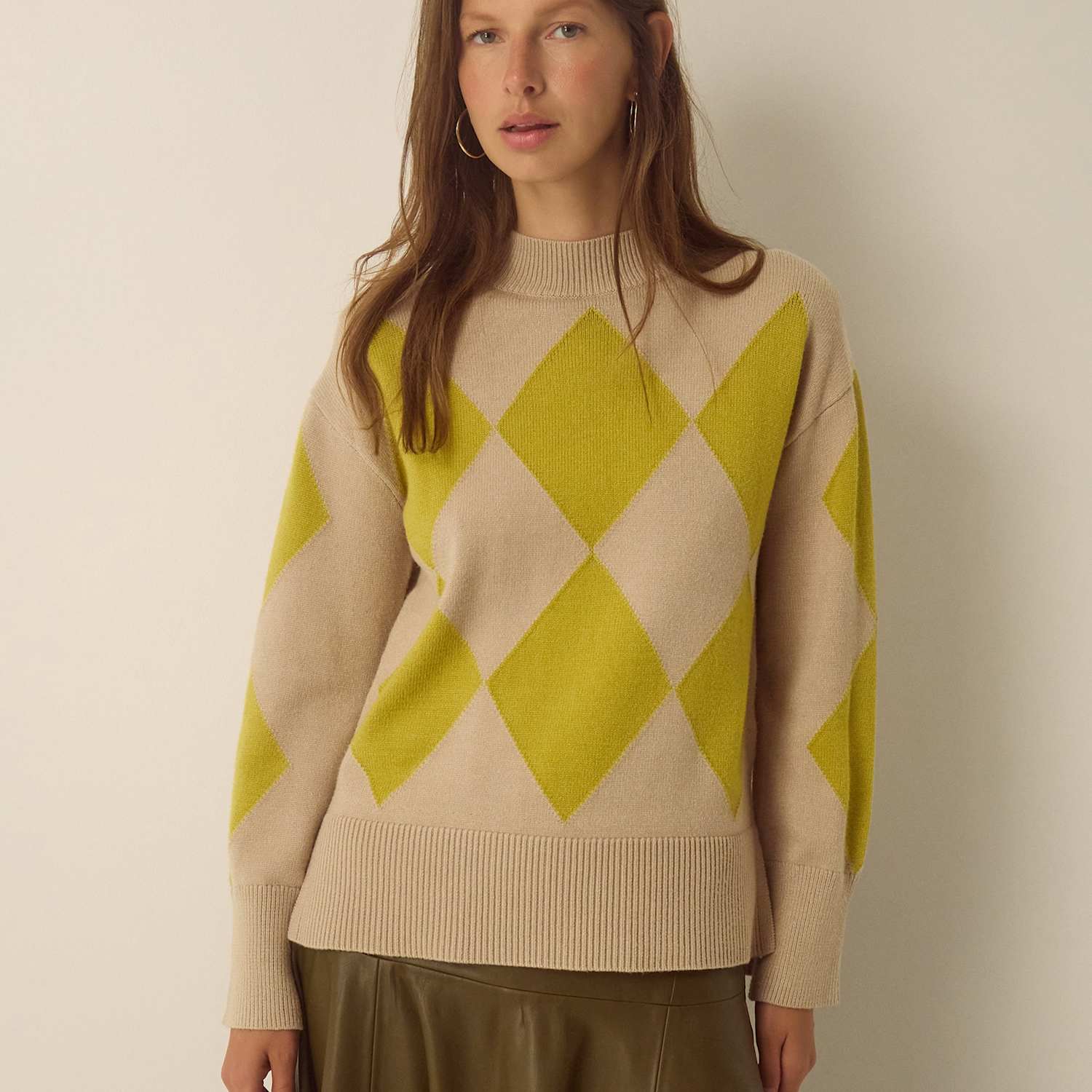Monsoon Women's Argyle Funnel Neck Jumper - Large - Yellow Mix - Available at M&S